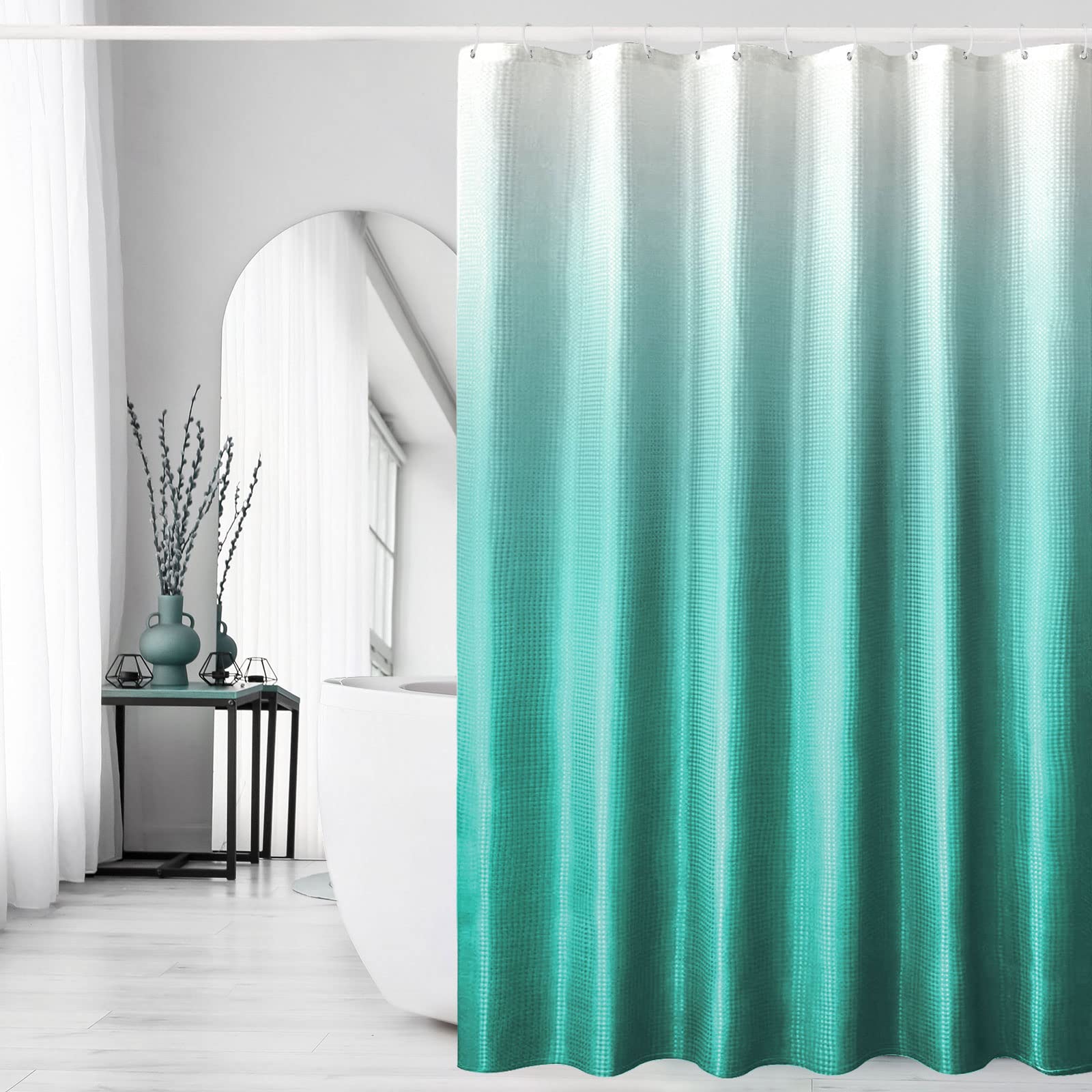 Gibelle Teal Shower Curtain For Bathroom, Waffle Weave Ombre Textured Fabric Shower Curtain Set With Hooks, Water Repellent And