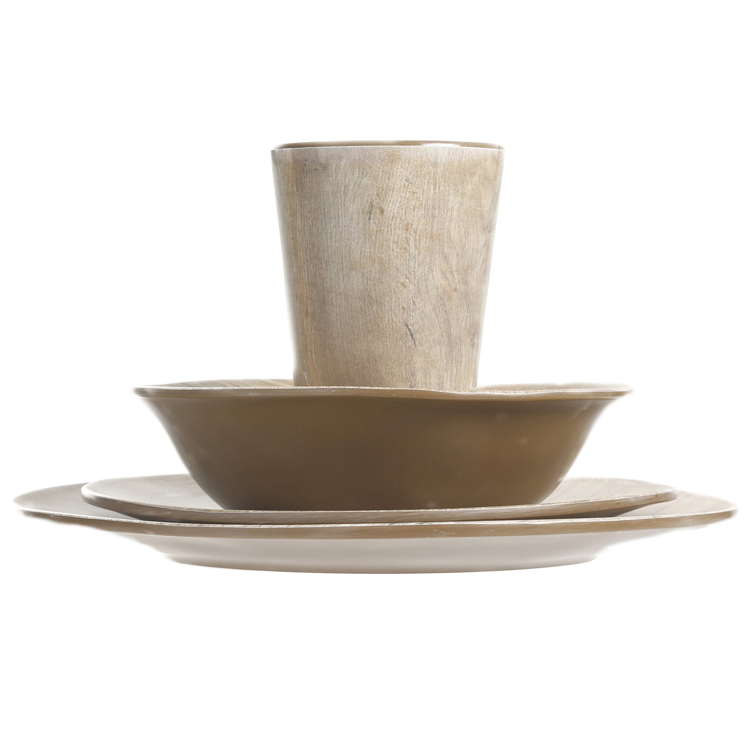 Gibson Home Woodlands Round Melamine Plastic Dinnerware Set, Service For Four (16Pcs), Wood