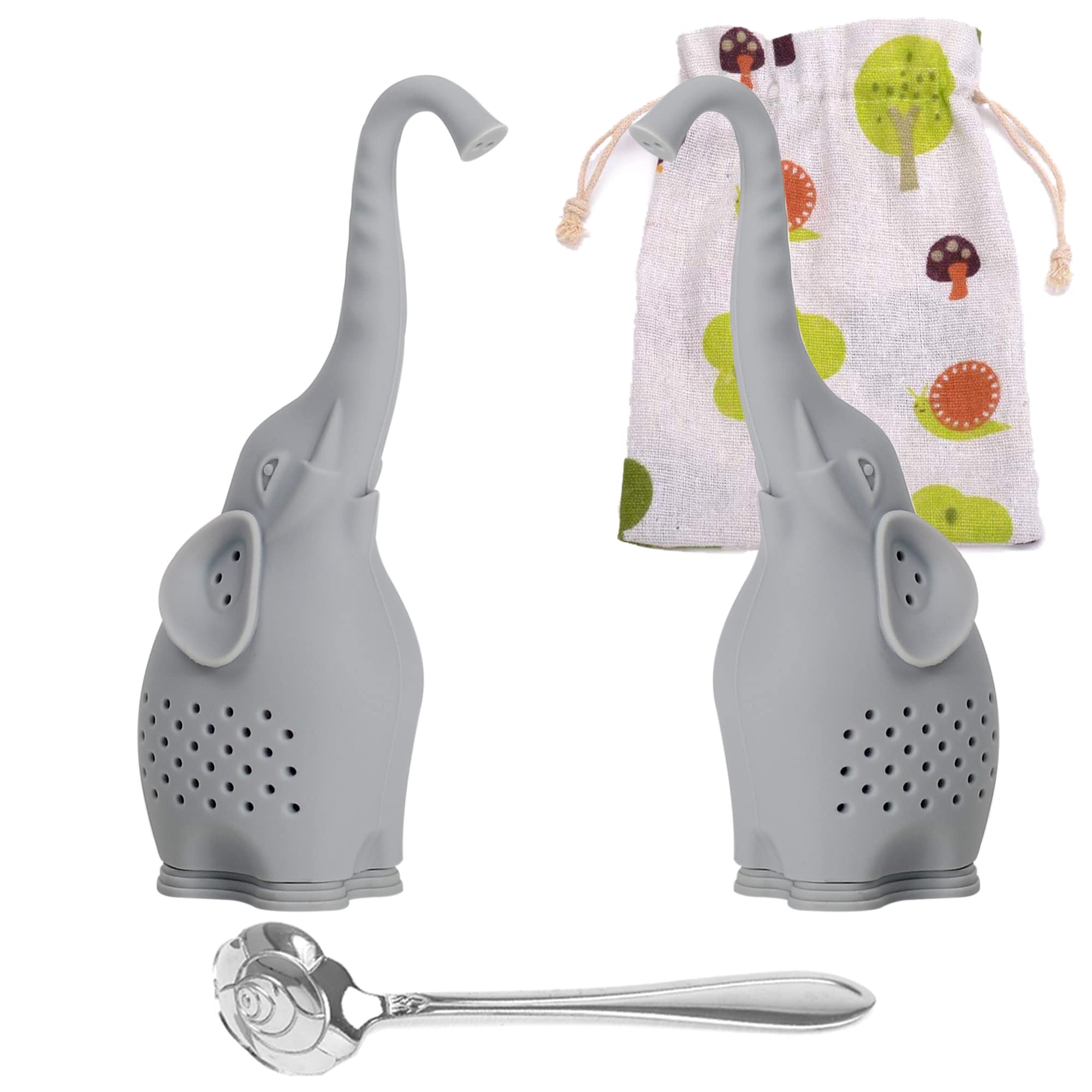 Numola Silicone Tea Infuser Set of 2, Cute Elephant Loose Leaf Tea Strainer with Stainless Steel Teaspoon, Reusable Tea Ball Fil