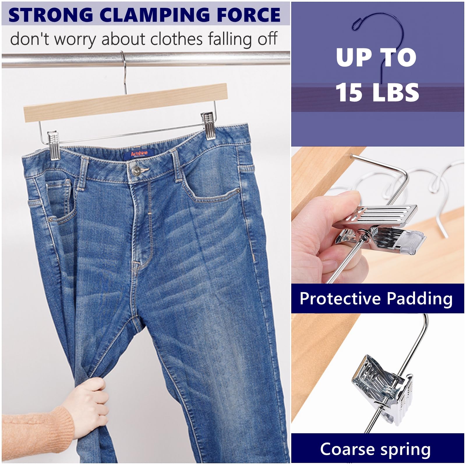 Amber Home 10 Pack Natural Wooden Pants Hangers With Clips, Wood Skirt Hangers Trouser Hangers For Jeans, Slacks, Shorts With 2-