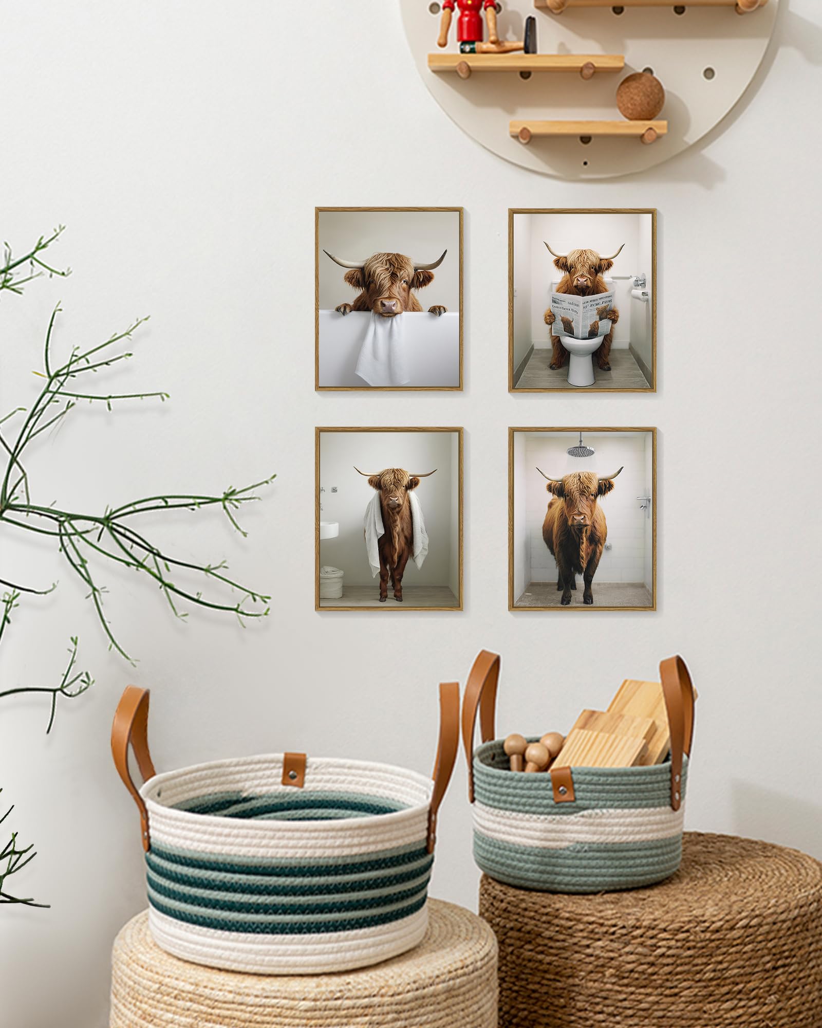 Funny Highland Cow Bathroom Wall Art Framed Rustic Cute Bathroom Canvas Prints For Bathroom Restroom Decor 8X10In (Framed)