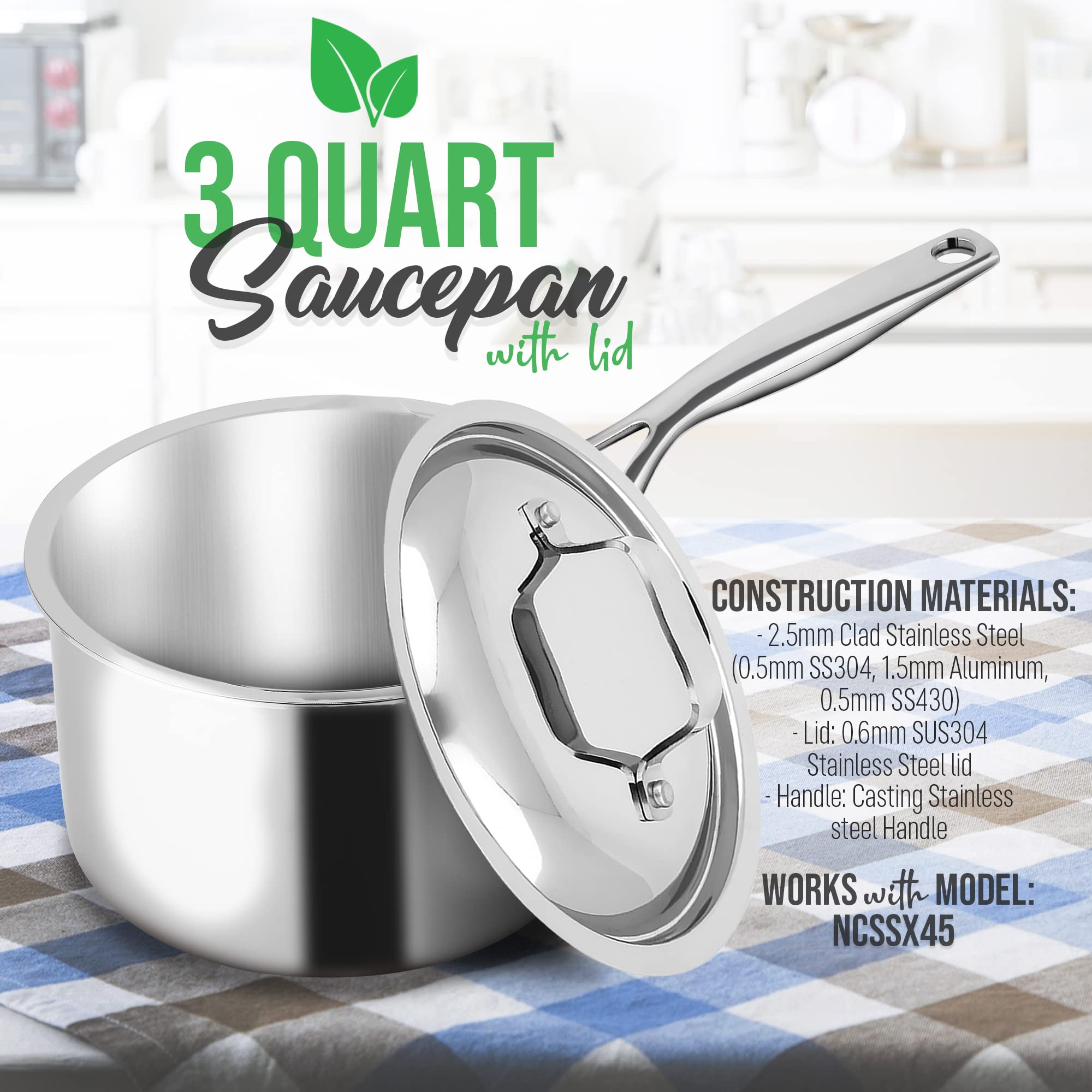 Nutrichef 3-Quart Saucepan With Lid - Pfoa/Pfos Free Stainless Steel Stain-Resistant Sauce Pot Kitchen Cookware W/Satin Interior