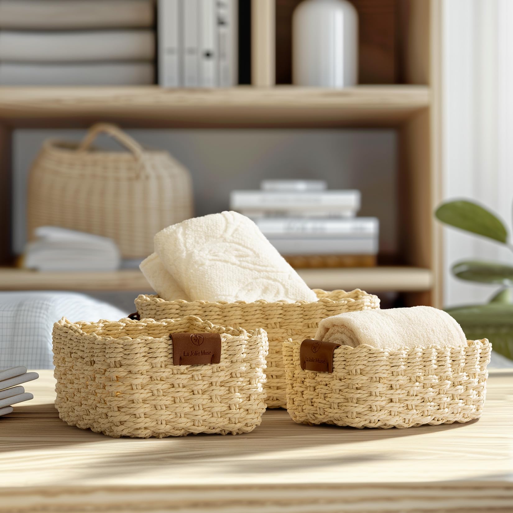 La Jolie Muse Small Beige Wicker Baskets For Organizing, Recycled Paper Rope Storage Basket Container Bins For Shelves Bathroom