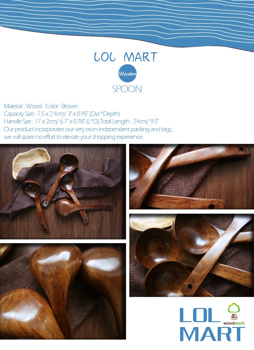 Hizbo Mart Straight Handle Wooden Wood Scoop Soup Spoon Ladle 9.5 Inch Brown(Set Of 2)