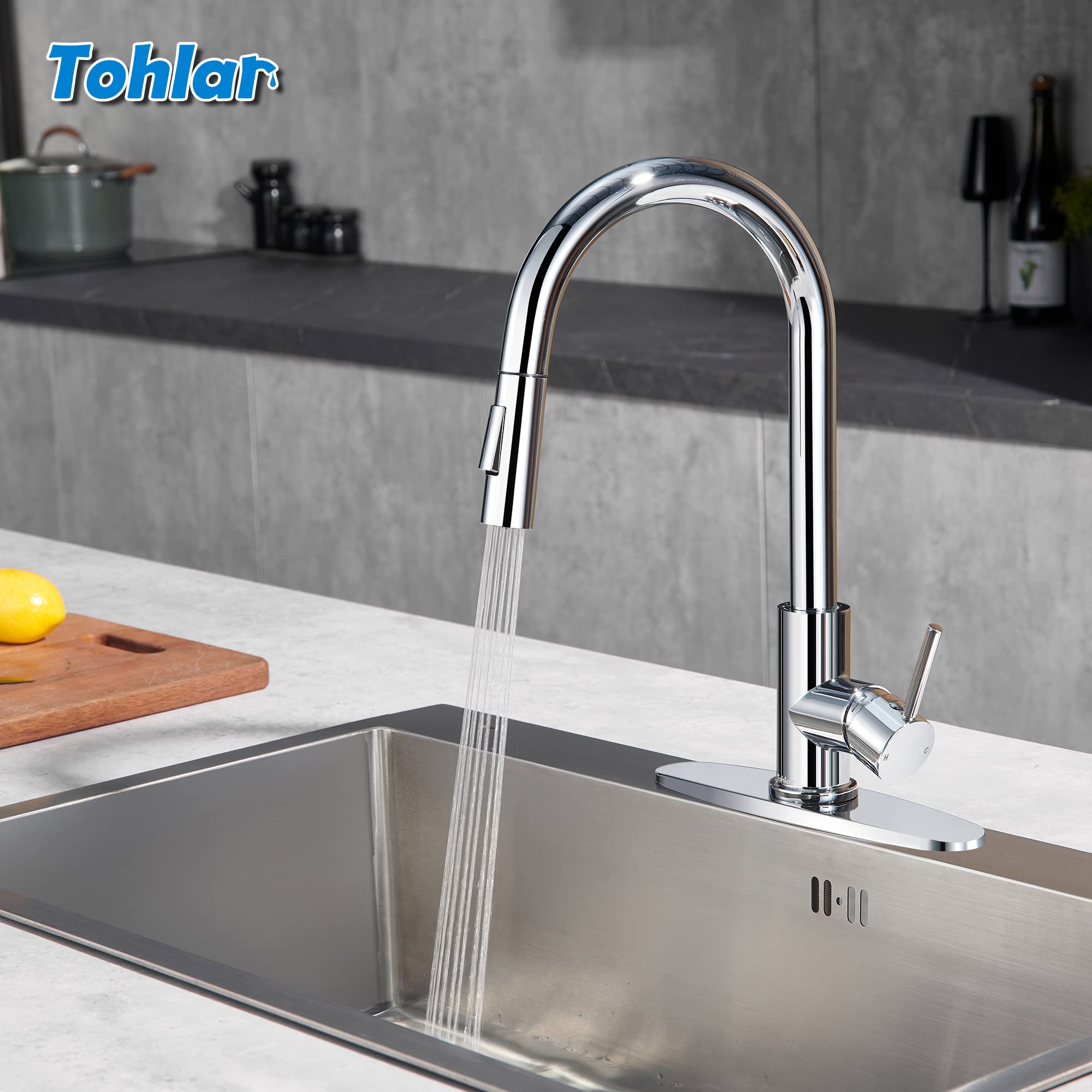 Tohlar Chrome Kitchen Faucets with Pull Down Sprayer  Single Handle Kitchen Sink Faucet Modern Staninless Steel Kitchen Faucet with Deck Plate