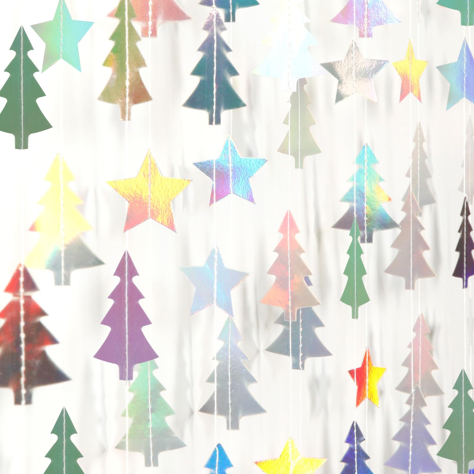 Iridescent-Holographic Christmas-Tree Star Party-Decorations Garland - 52 Ft Winter New Year Supplies Hanging Paper Streamers Ba