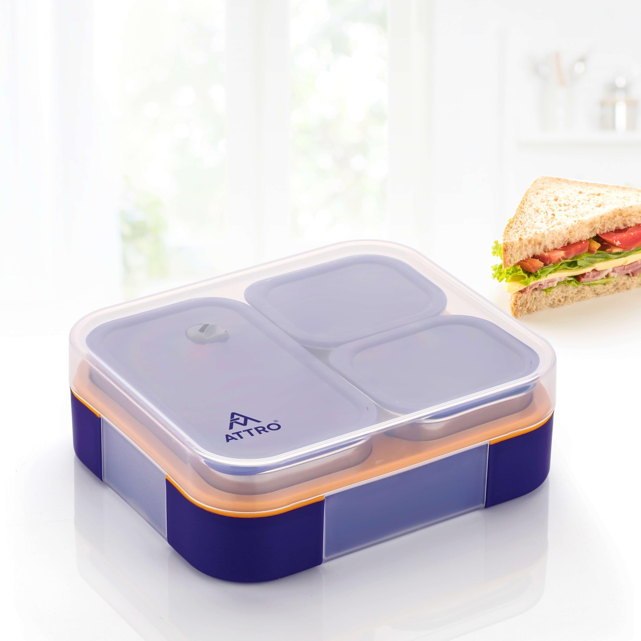 Attro Admire 3 Compartment Stainless Steel Lunch Box Inner Steel Bpa Free, Durable & Lightweight, Easy To Carry, Compact Design 