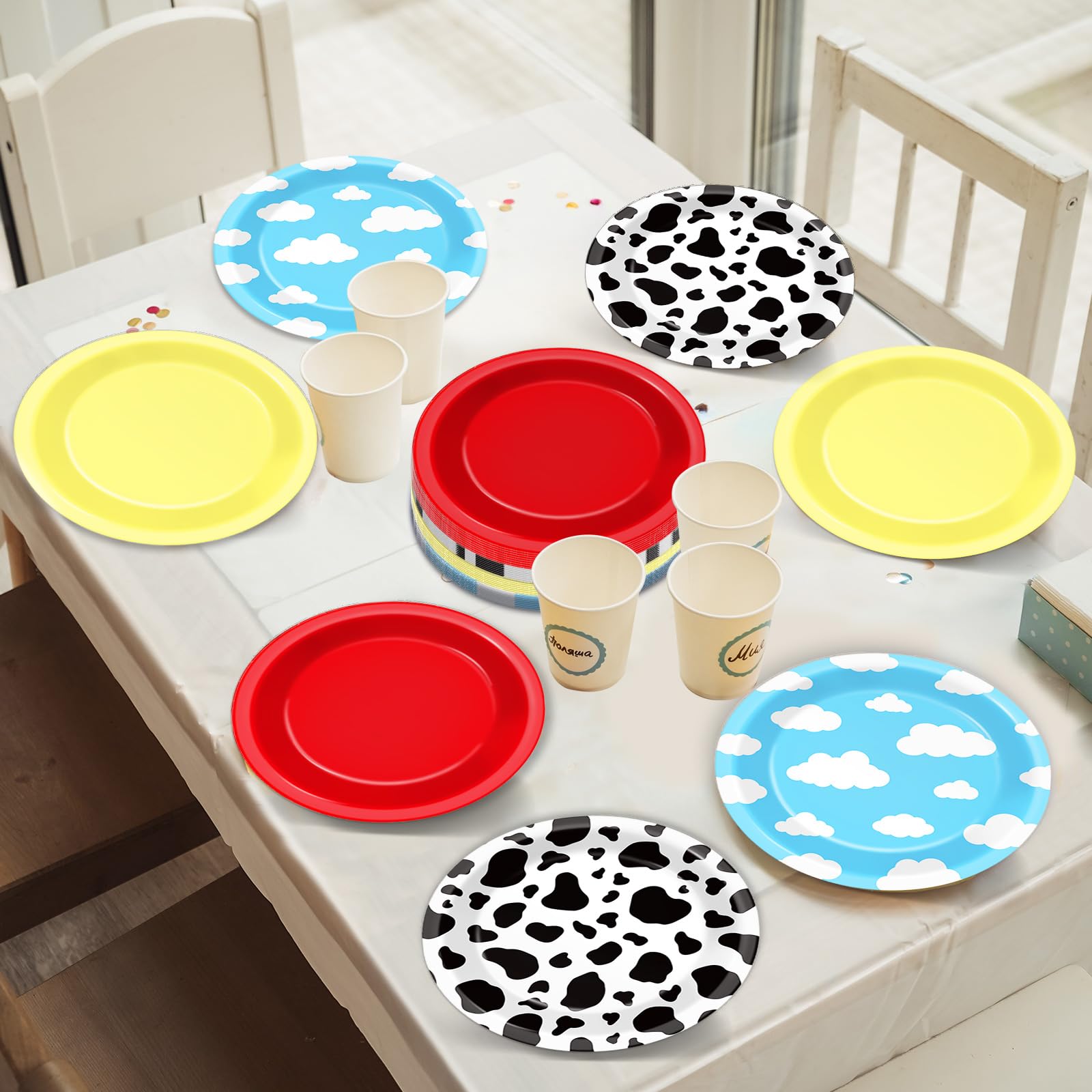 48Pcs Cartoon Story Birthday Party Paper Plates For Toy Inspire Game Story Party Supplies 7'' Cow Print Sky Blue Cloud Birthday