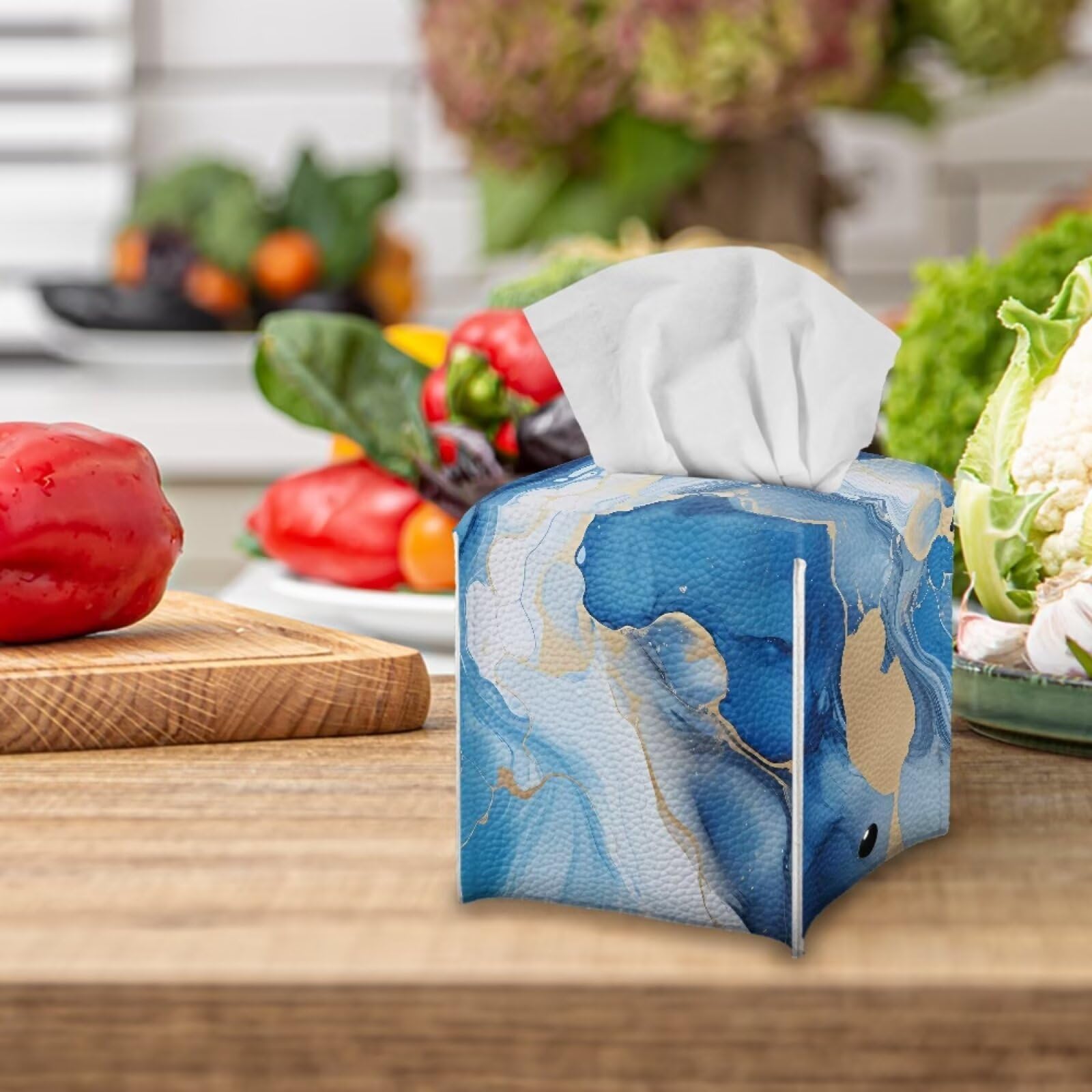 Tutolipy Blue Marble Print Tissue Box Cover Square Cube Novelty Tissue Paper Box Cover Pu Leather Tissue Covers Holder For Dress