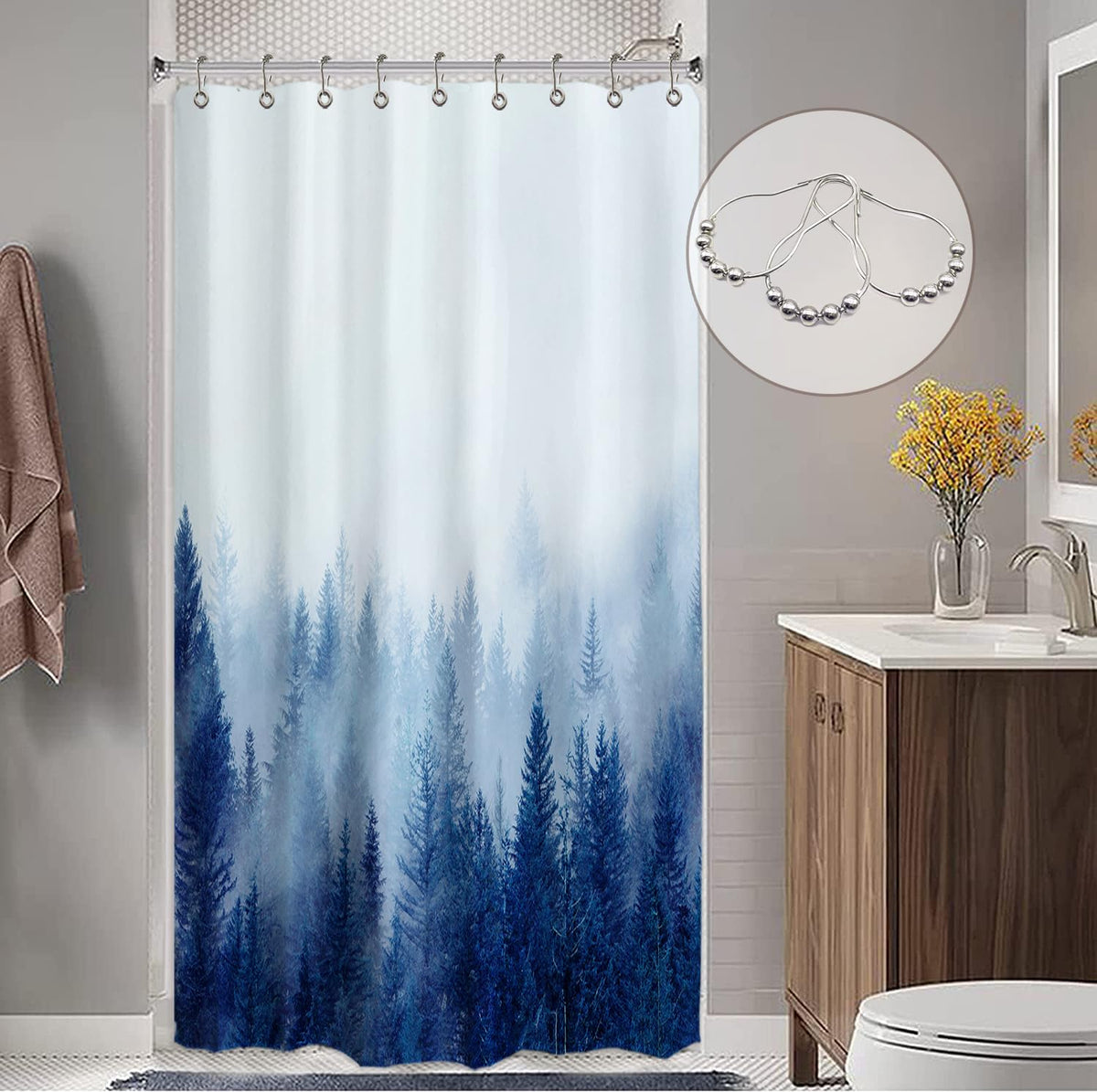 Ortigia Blue Misty Forest Shower Curtains,Nature And Woodland Shower Curtain,Fantasy Fog Magic Winter Tree Bath Curtain For Bath