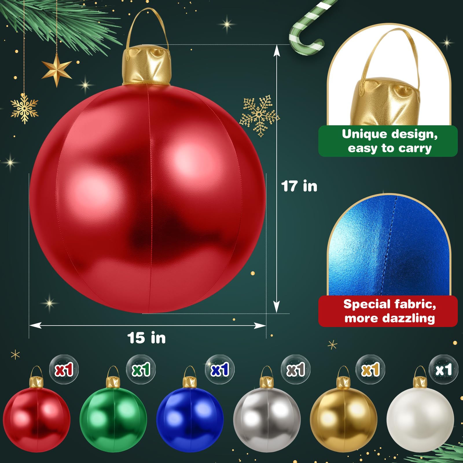 Jetec 6 Pcs 17  Christmas Inflatable Ball Ornament with Glitter Cloth Cover, Large PVC Xmas Blow Up Ornaments Holiday Blow Ball
