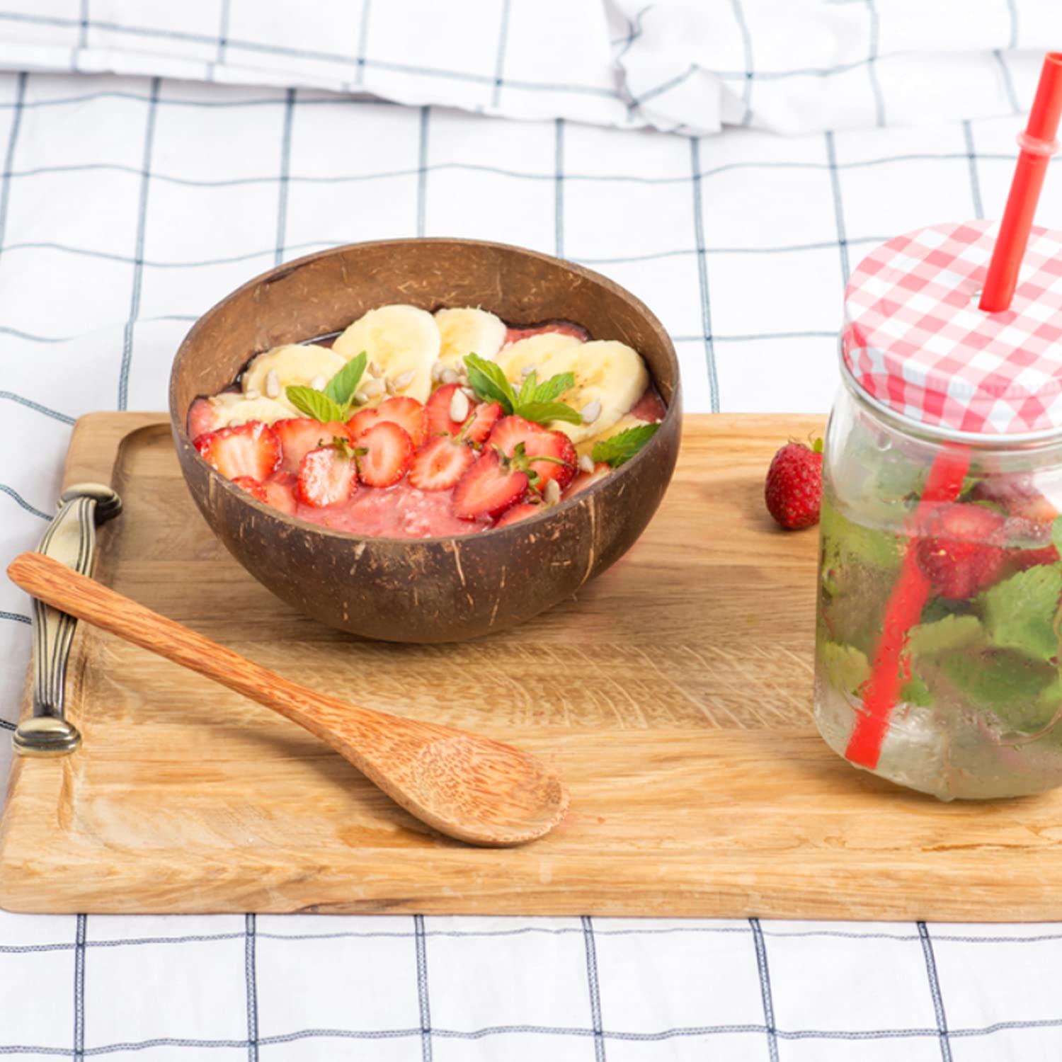 Cerem Coconut Bowl & Wooden Spoon, Fork Set - Handmade Natural Coconut Bowls For Acai, Smoothie, Buddha Bowls - Eco Friendly Veg