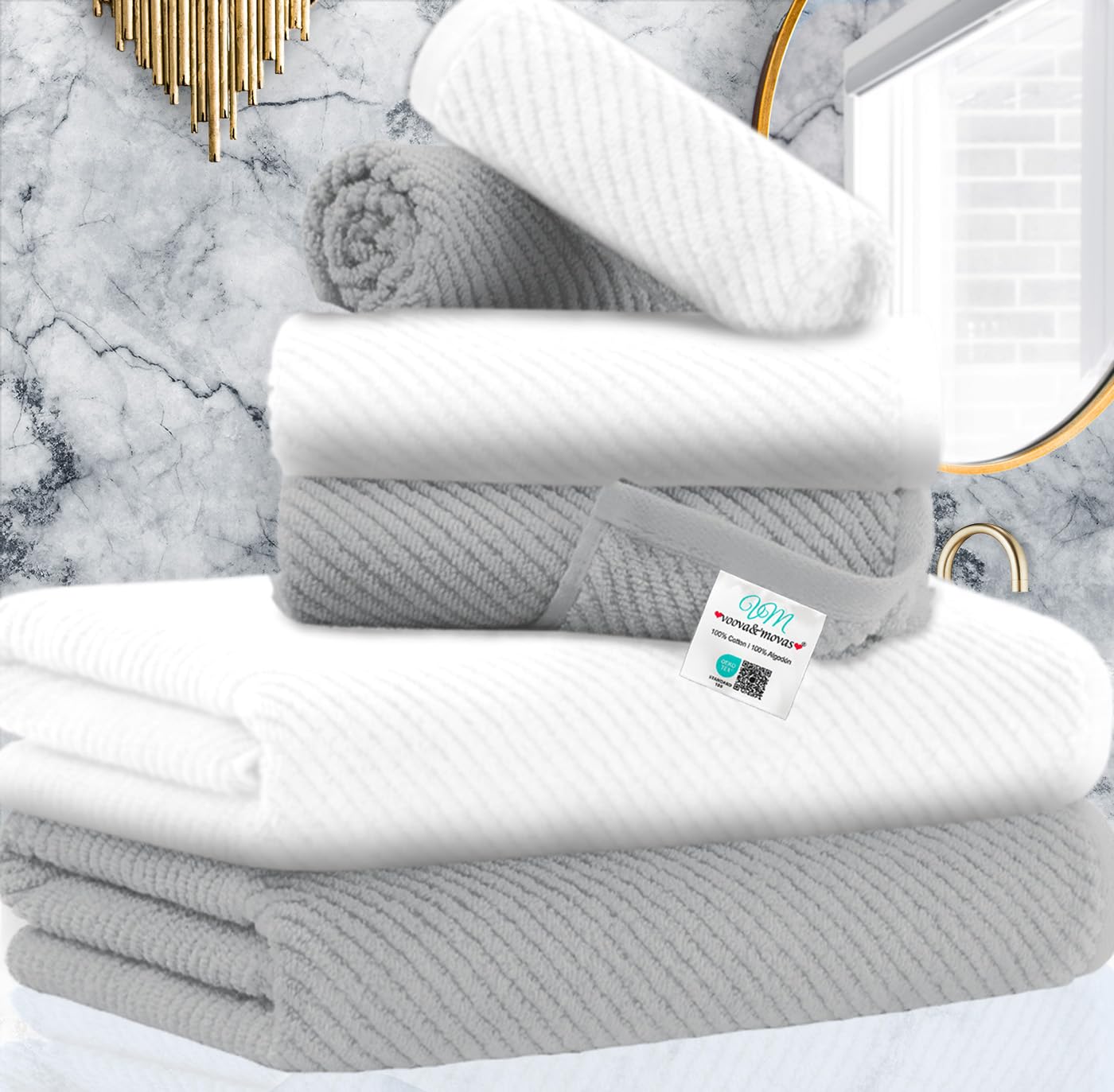 Voova & Movas Bathroom Towel Set - 100% Cotton | Soft | Quick Dry, Towel Set Of 6, 2 Large Bath Towels 30''X56'', 2 Hand Towels