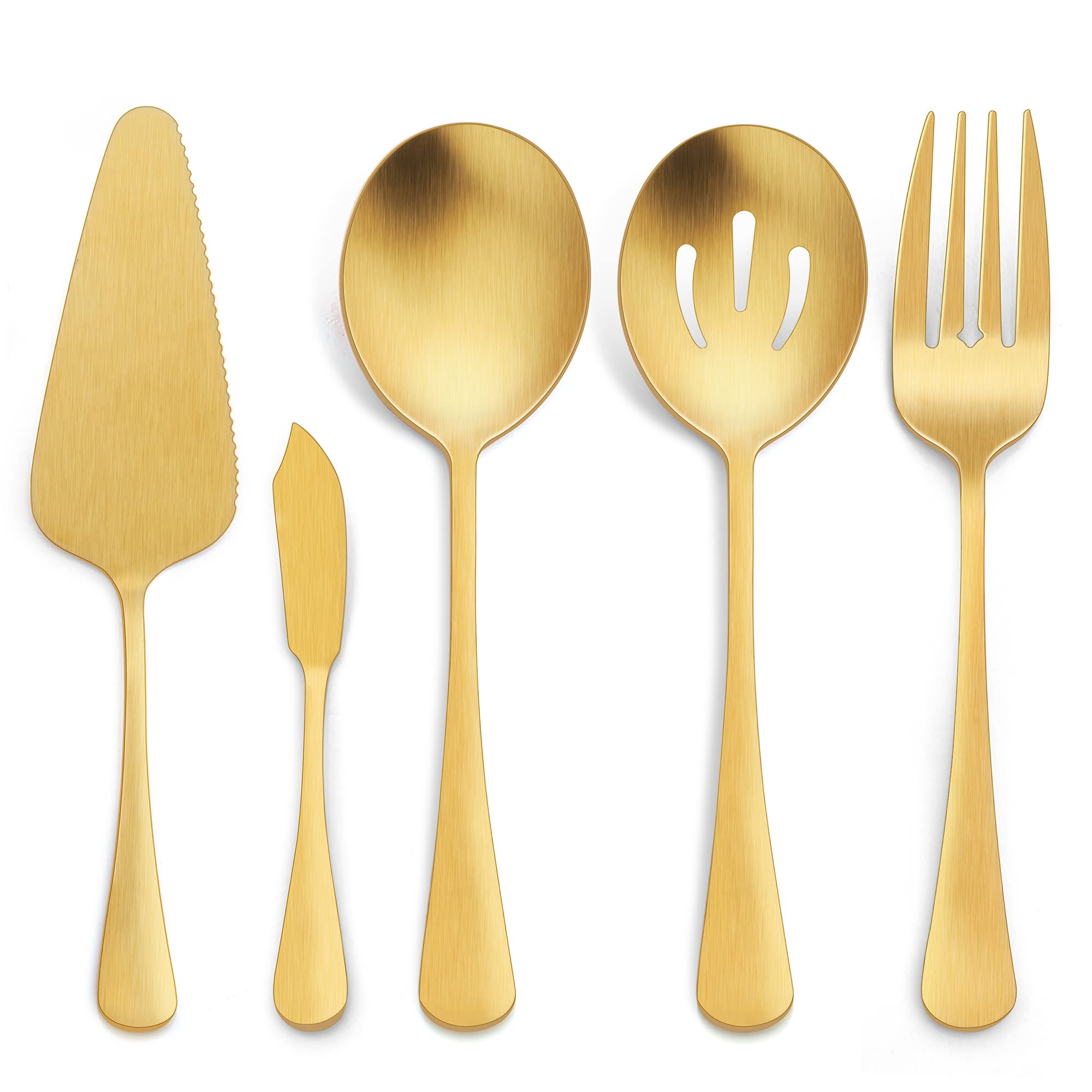 Lianyu 5-Piece Matte Gold Serving Utensils Set, Stainless Steel Serving Set Include Serving Spoon Fork, Flatware Serving Pieces