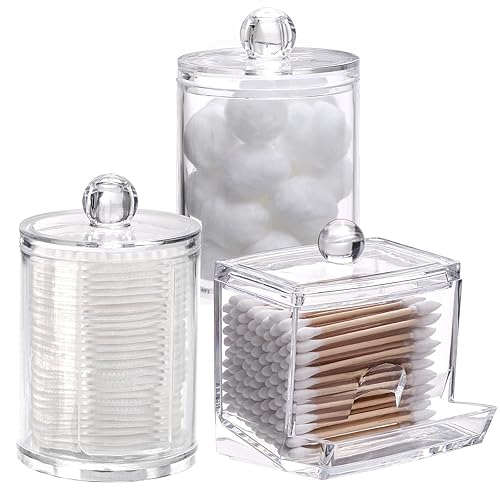Tbestmax Bathroom Organizer Accessories Set-10 OZ 7 OZ Qtips Holder Storage with Clear Plastic Lids  Cotton Ball/Swabs Dispenser  Apothecary Container Jar 3 Pcs