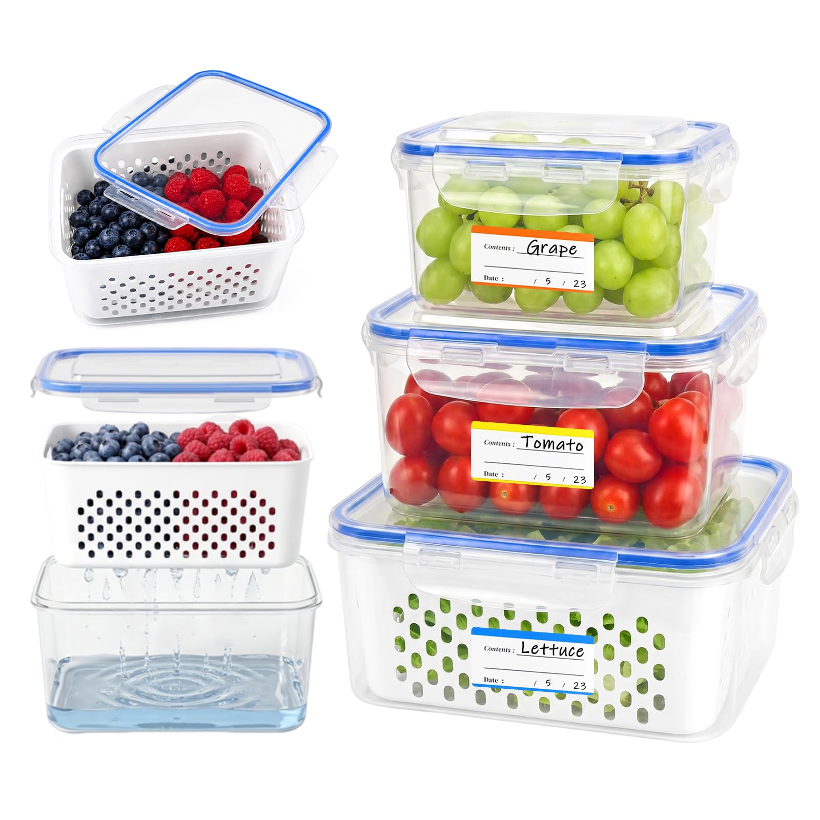 3 Pack Fruit Storage Containers for Fridge with Removable Colander,Airtight Produce Storage Containers with Lids Label Sheets, B