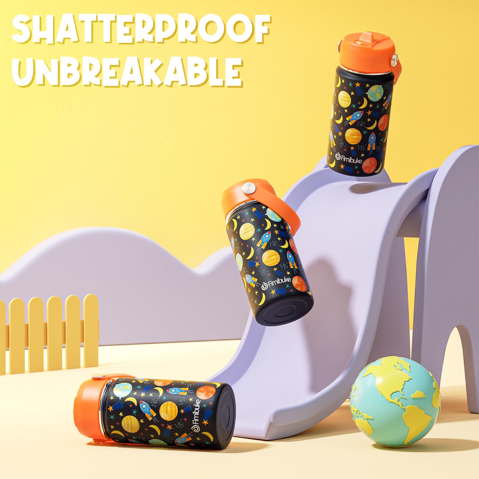 Fimibuke Kids Insulated Water Bottle, 14Oz Bpa Free Double Wall Vacuum Tumbler 18/8 Stainless Steel Leak Proof Kids Cups With St