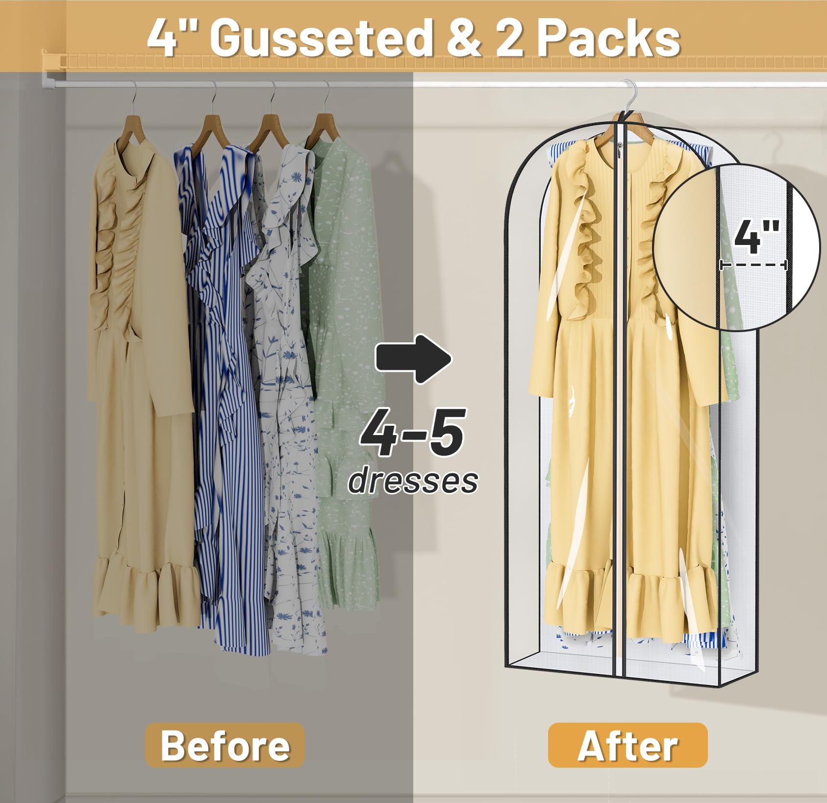 Misslo 50'' Clear Garment Bags For Hanging Clothes 4'' Gusseted Long Dress Bags For Closet Storage Breathable Dress Cover For Su