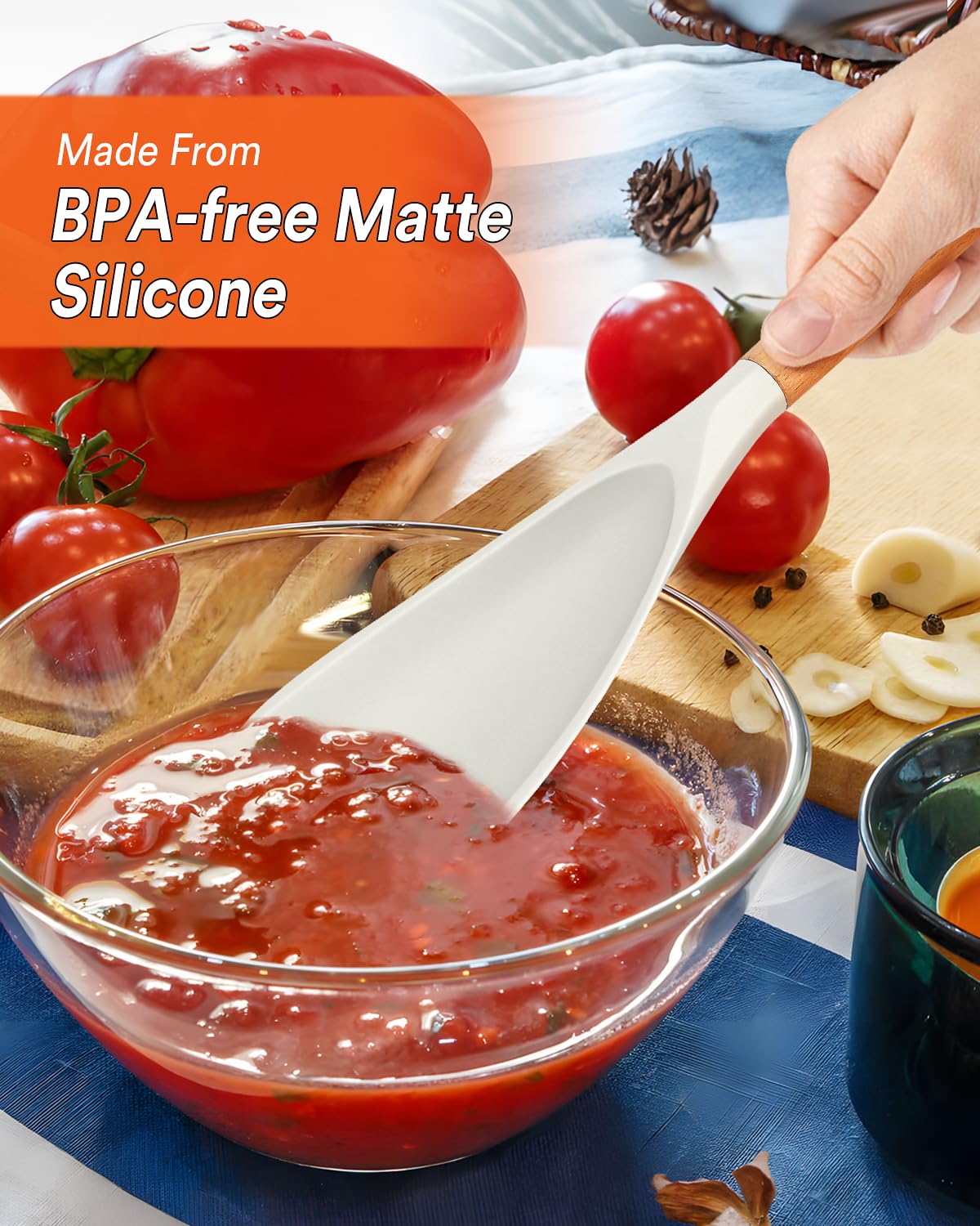 Cooking Spoon For Nonstick Cookwares, Great For Cooking And Serving Durable Bpa-Free Matte White Silicone, Wood Handle Spoon For