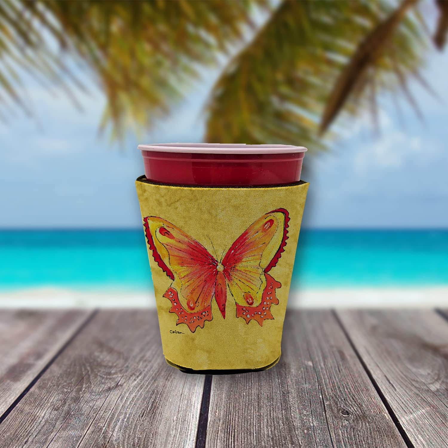 Butterfly on Yellow Red Solo Cup Beverage Insulator Hugger
