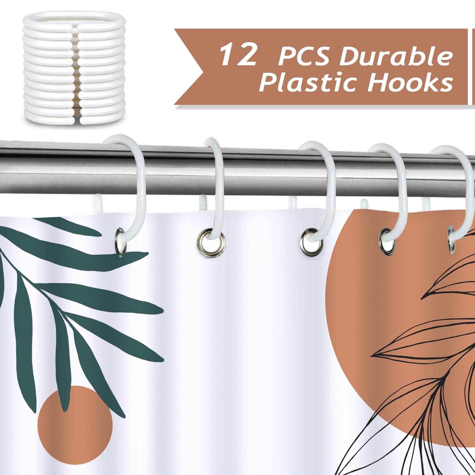 Bonhause Boho Mid Century Shower Curtain Arch Sun Leaves Modern Minimalistic Decorative Bath Curtain 72 x 72 Inch Polyester Fabric Waterproof Bathroom Curtain with 12 Hooks