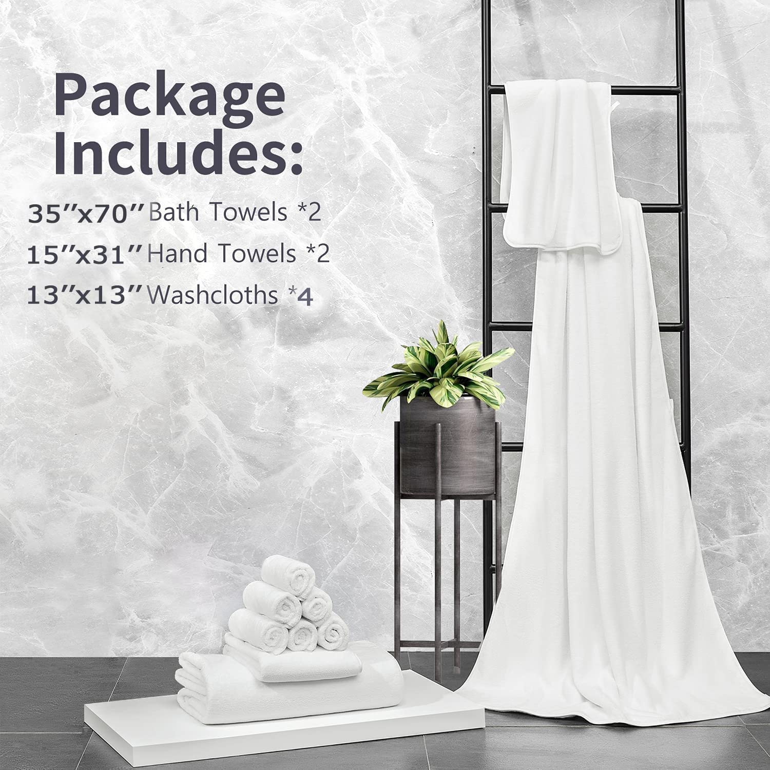 MINCHI 8 Piece Bath Towels Set  600 GSM Bathroom Towel for Home and Hotel Oversize Sheet Towel  2 Large Bath Towels 35x70 inches  2 Hand Towels 4 Wash Cloths  Absorbent Towel White