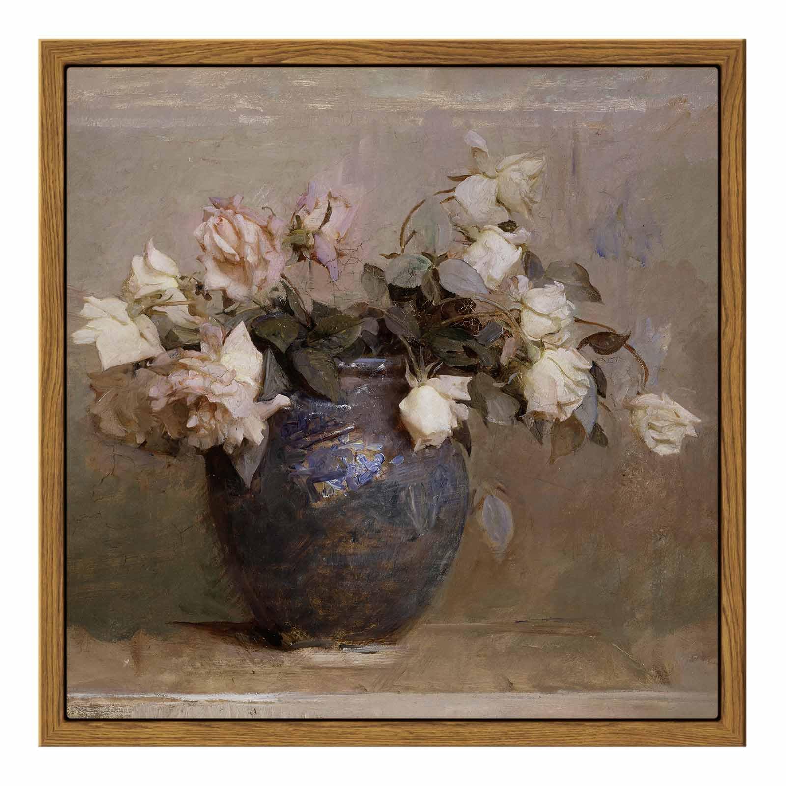 Insimsea Square Framed Canvas Wall Art, Flowers Farmhouse Vintage Classical Floral Rose In Vase Pictures Wall Decor Paintings, C