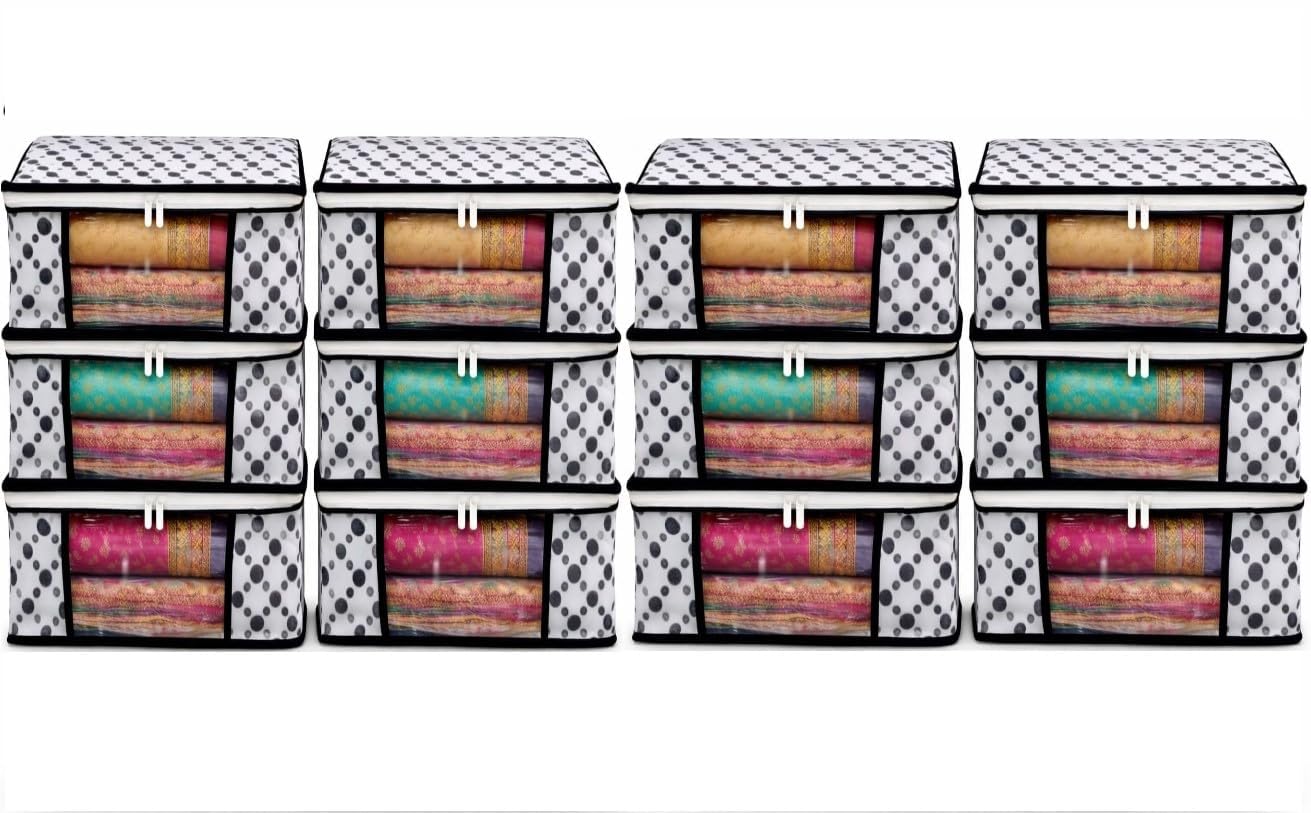 Clothes Storage Organizer Bags With Transparent Front Window And Zip Closure, (Black & White, Pack Of 12)