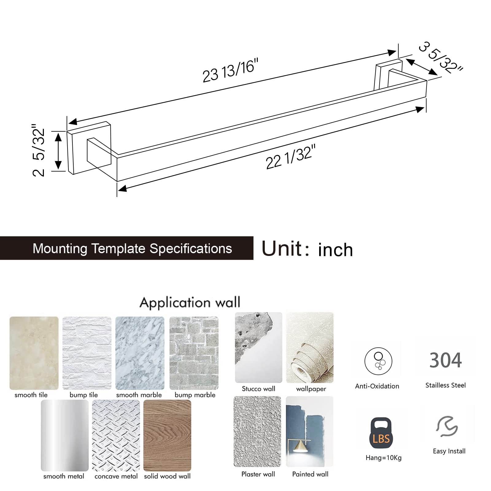 Banolux Towel Rack, 22 Inch Single Towel Bars For Bathroom, Towel Racks For Bathroom Wall Mounted Sus304 Stainless Steel Hand To