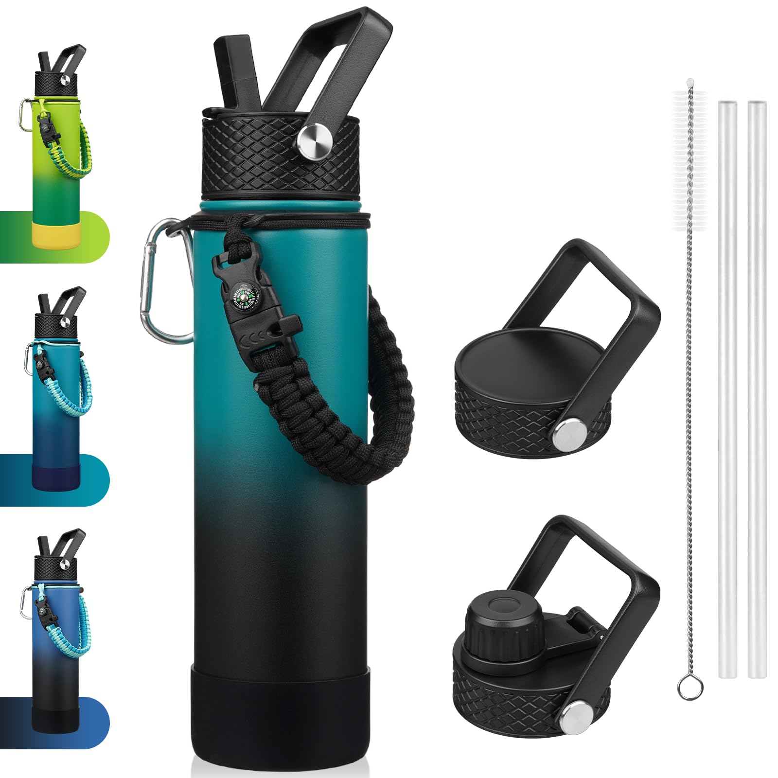 BJPKPK 27oz Insulated Water Bottles with 3 Lids, Paracord Handle & Non-slip Boot, Stainless Steel Water Bottle with Straw, BPA F
