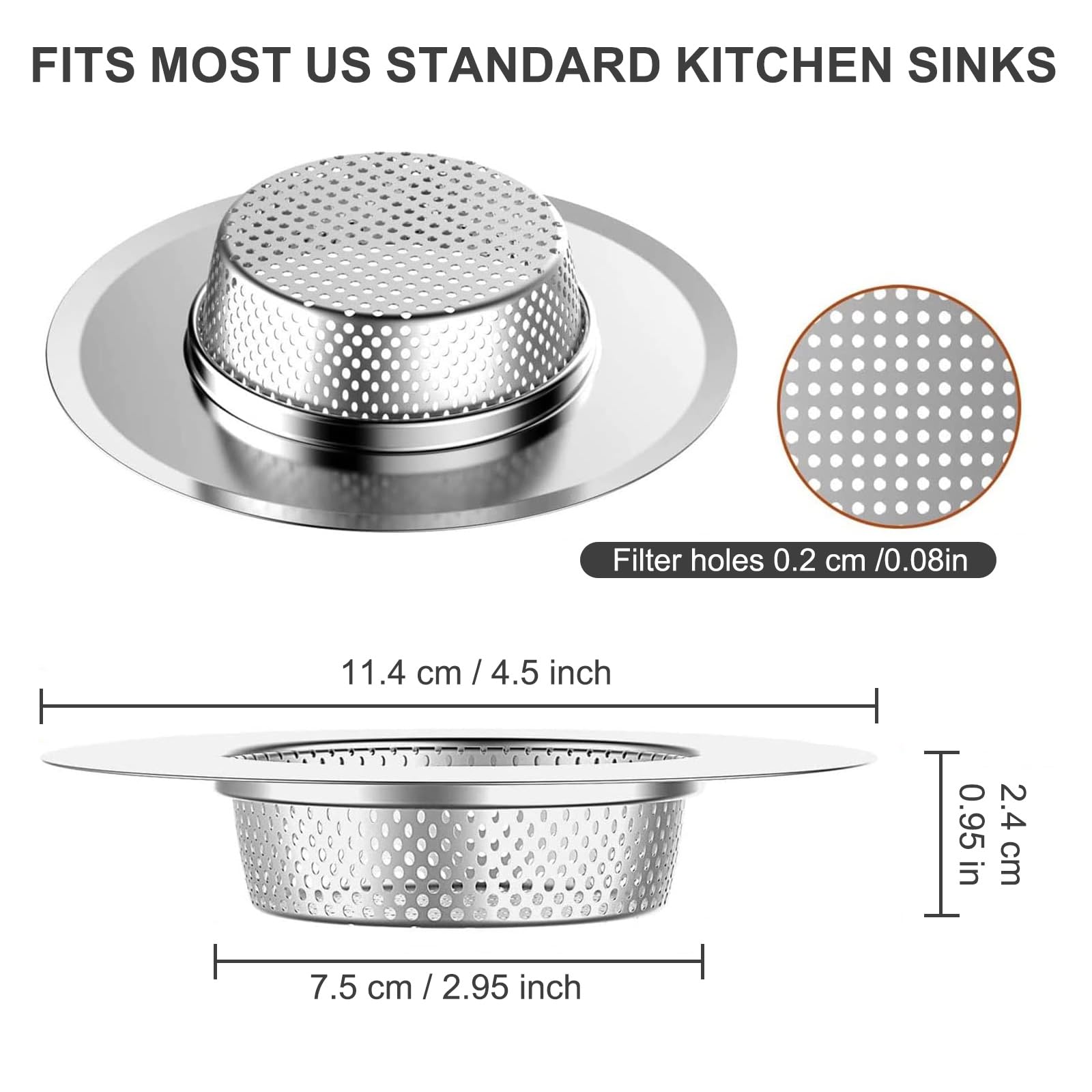 Kitchen Sink Strainer Stainless Steel Sink Strainer With Large Wide Rim 4.5'' For Mesh Sink Strainer, Large (Pack Of 2)