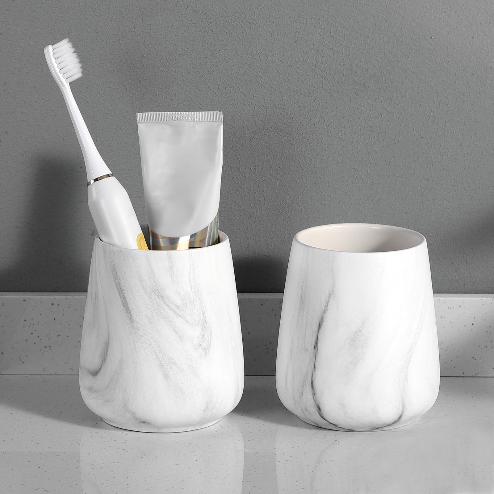 2Pcs Toothbrush Holder For Bathroom - Marble White Ceramic Tooth Brushing Holders Set, Toothbrush Cup & Toothpaste Organizer For