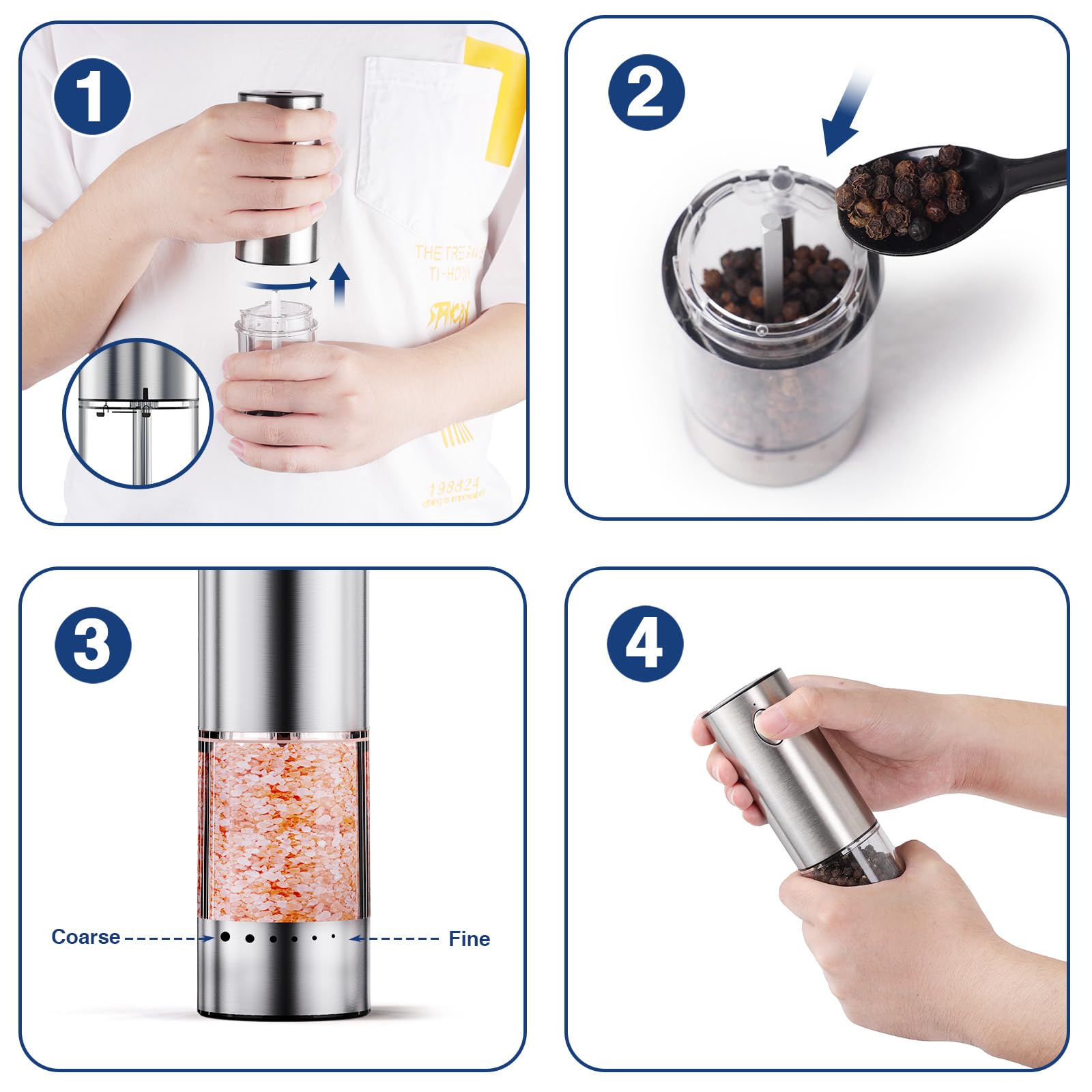 Homehacks 2 Pack Rechargeable Electric Salt And Pepper Grinder Set With Led Light, Stainless Steel Grinder Mill With Upgraded La