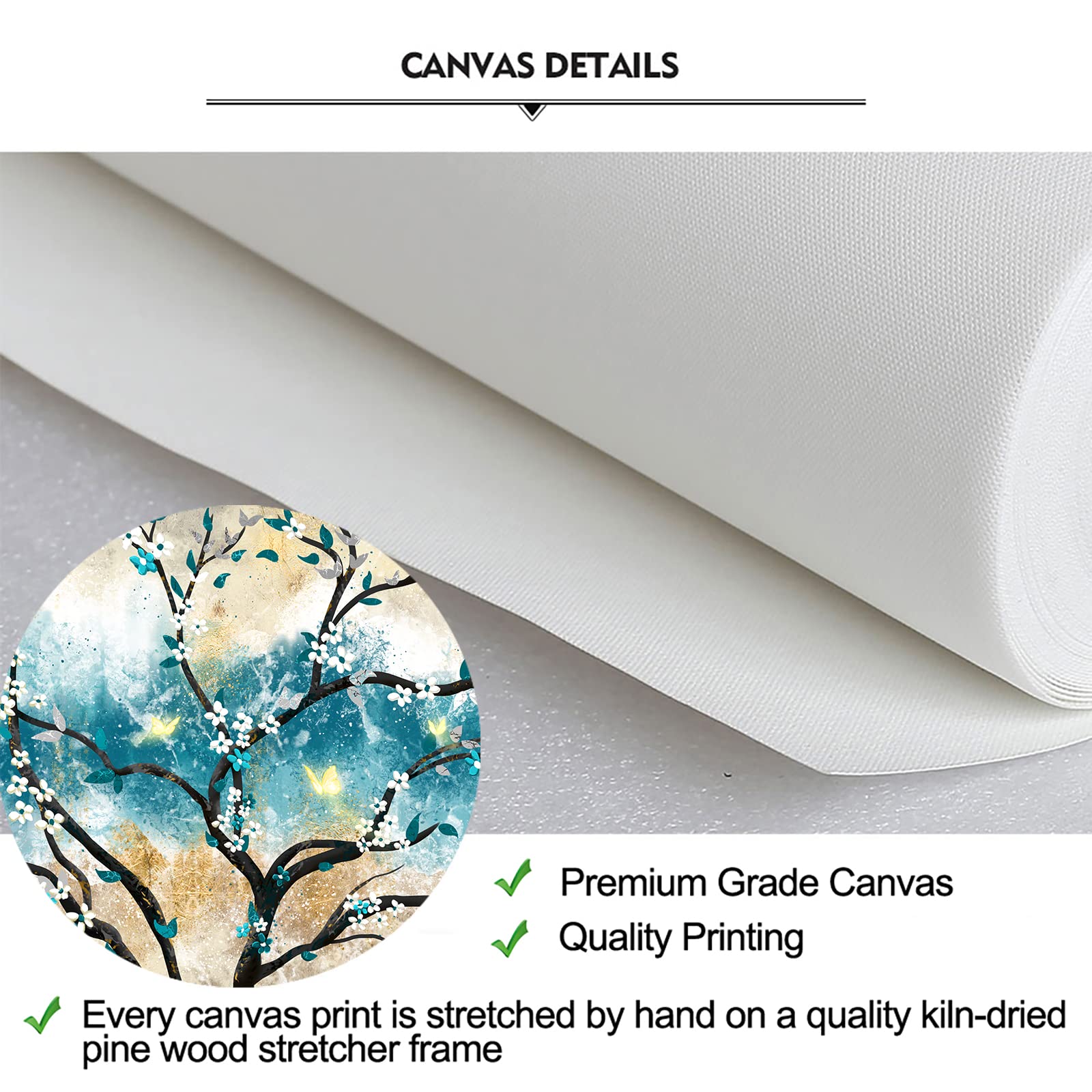 iKNOW FOTO Huge 5 Panel Canvas Print Blue Leaf with Yellow Butterfly White Rose Canvas Art Painting Teal Abstract Wall Art Flower Picture on Canvas Contemporary Artwork 60x32inch