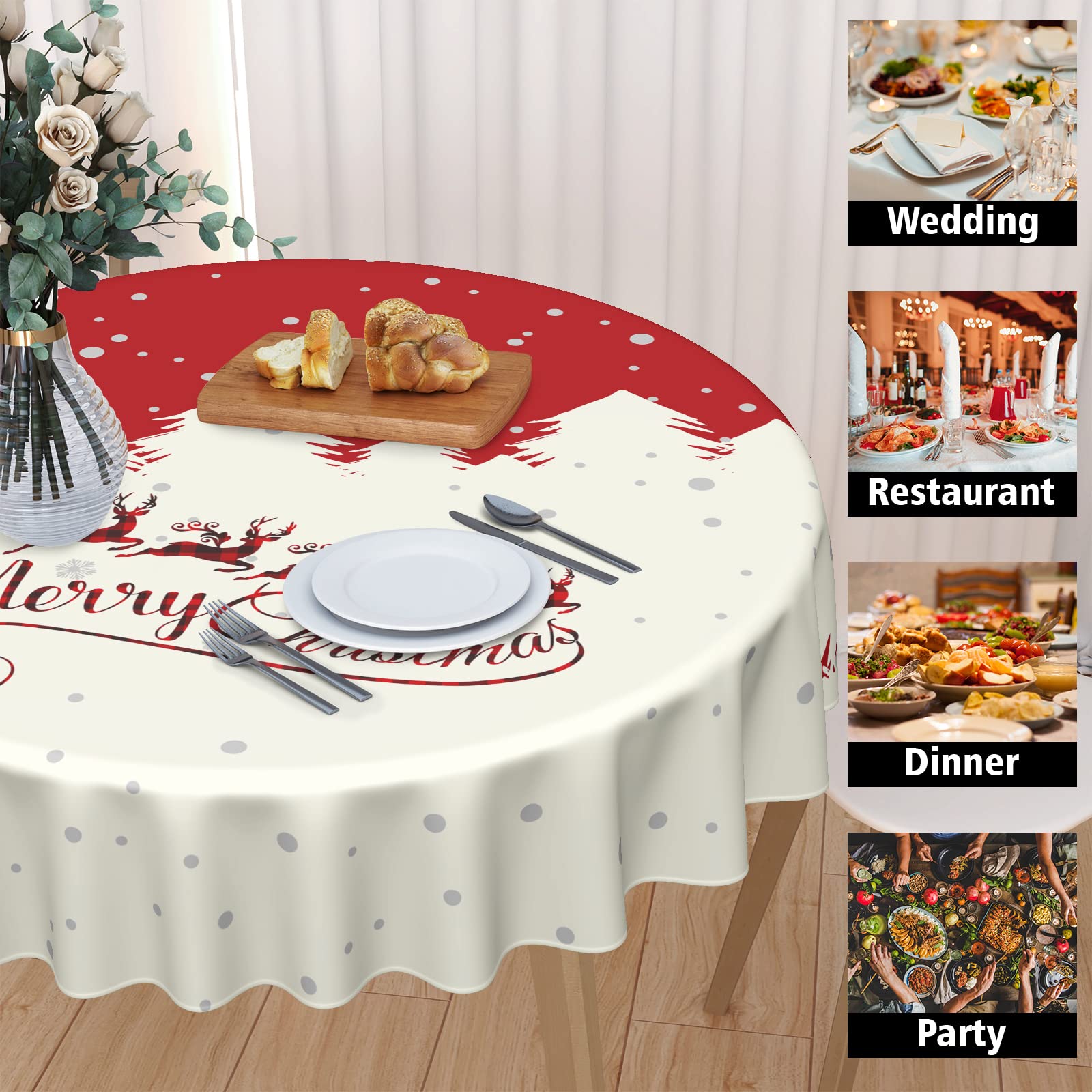 Kawani Merry Christmas Round Tablecloth In Red And Beige 60 Inch Festivals Decor With Santa Claus And Elks Pattern Decorative Ta