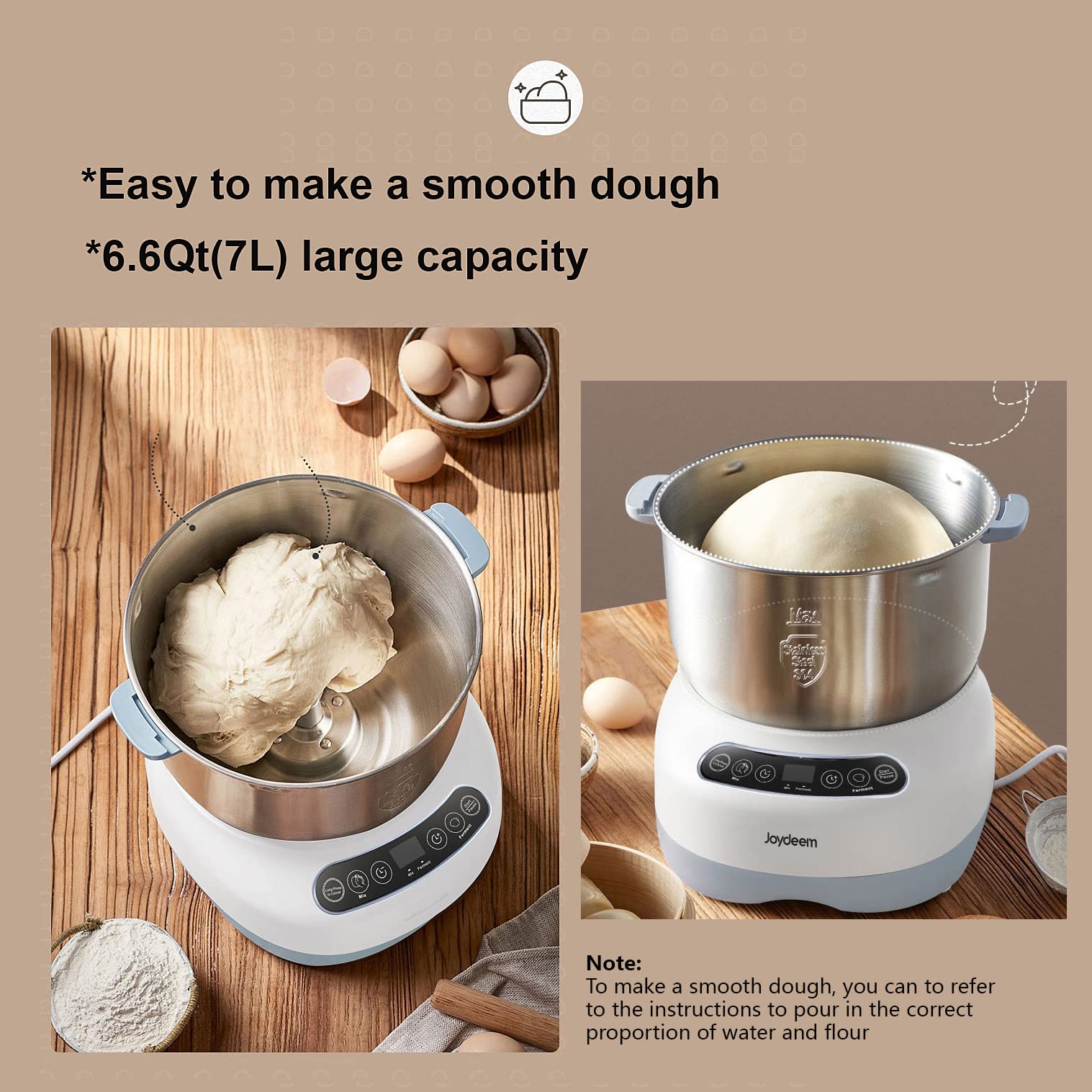 Joydeem Electric Dough Maker With Ferment Function, Microcomputer Timing, Face-Up Touch Panel, 6.6Qt, 304 Stainless Steel, Jd-Hm