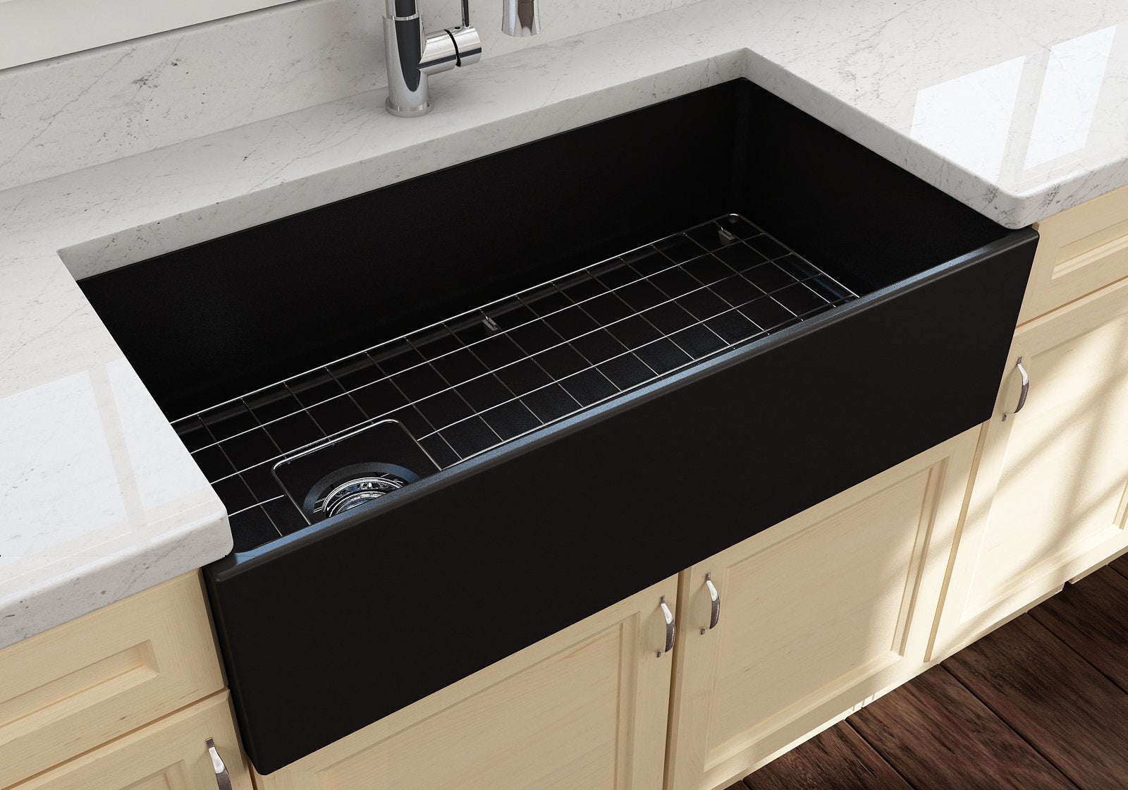 Bocchi Contempo Farmhouse Apron Front Fireclay 36 In. Single Bowl Kitchen Sink With Protective Bottom Grid And Strainer In Matte