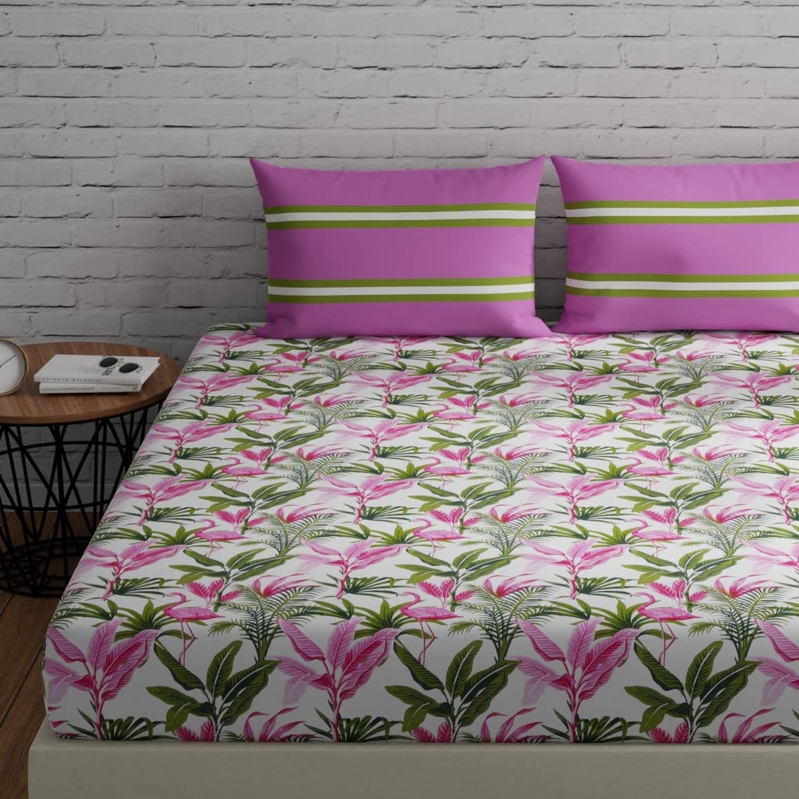 Huesland By Ahmedabad Cotton 144 Tc Elastic Fitted Bedsheet Queen Size Cotton With 2 Pillow Covers | 60X78 Inches | Flamingo & S