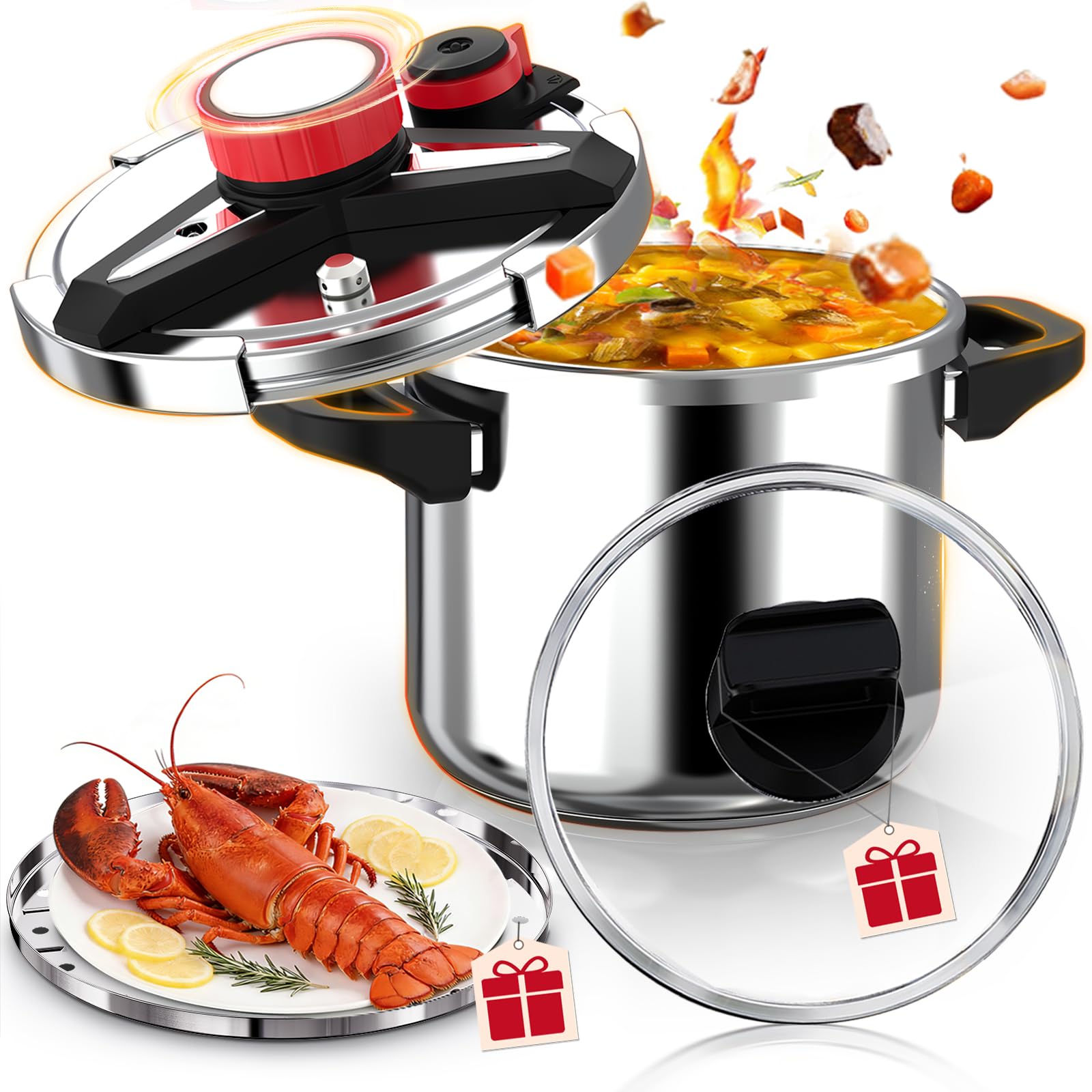 18/8 Stainless Steel Pressure Cooker 10.2 Quart, [OneHand Locking] Olla de Presion, [3In1] Pressure Cooker, Induction Compati