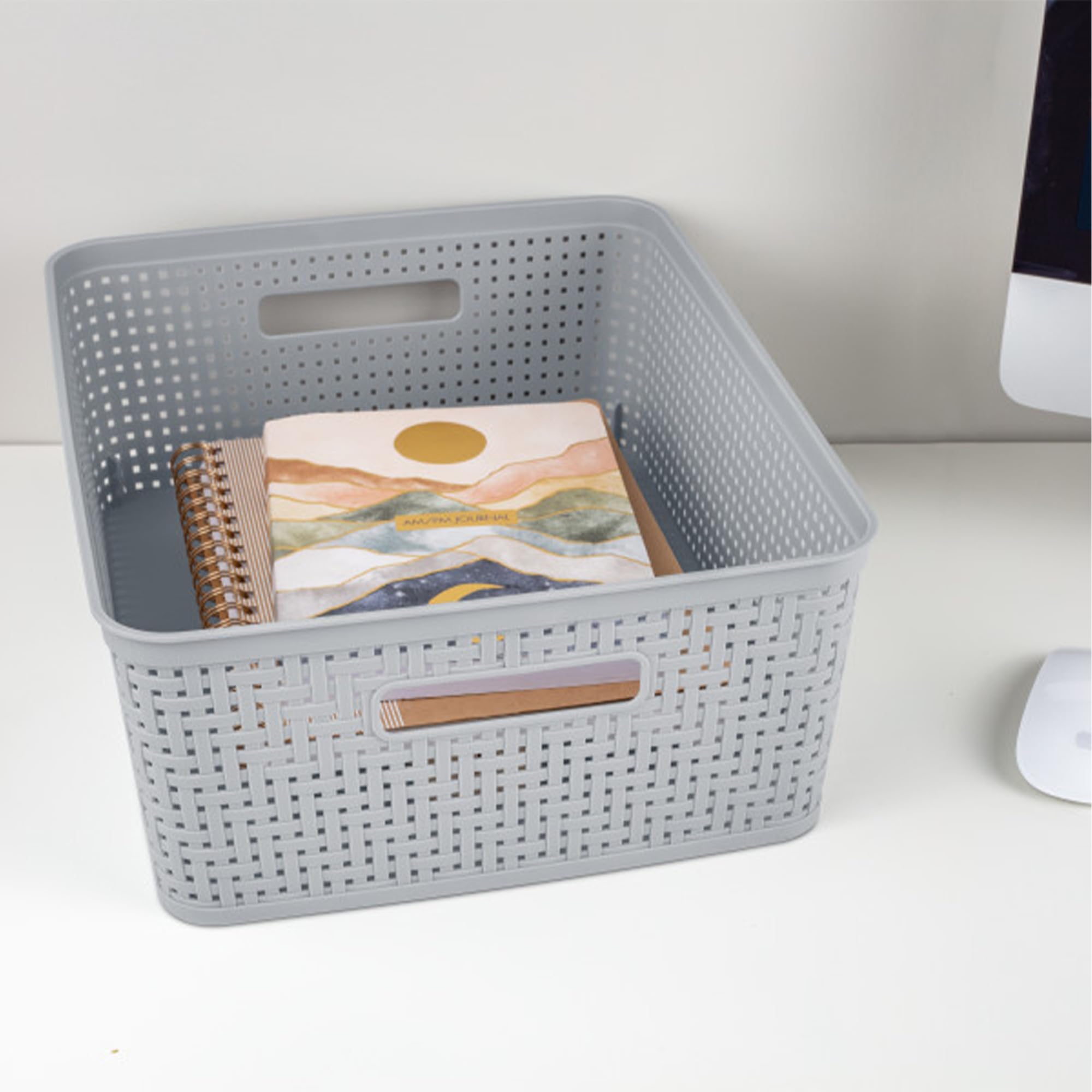 Sterilite 6 Pack Plastic Storage Bin Organization Containers, Short Baskets, Cement