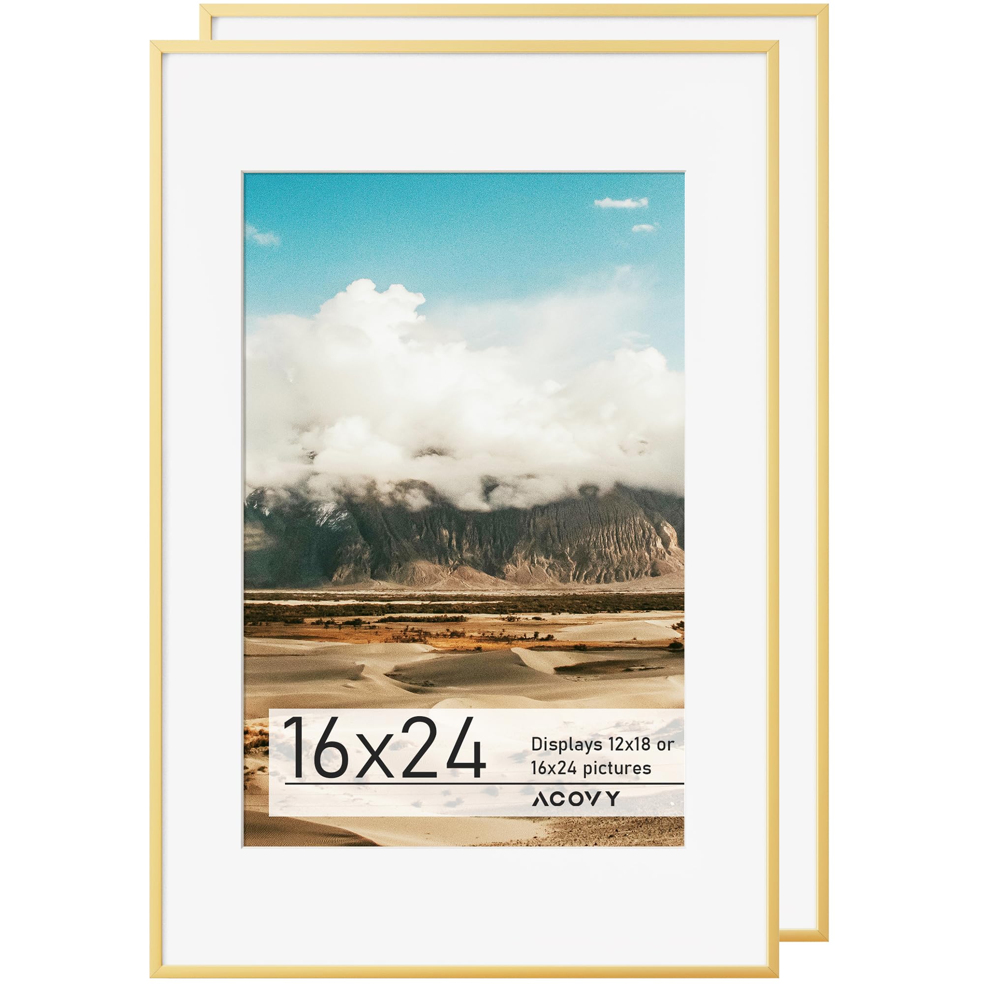 Acovy 16x24 Aluminum Picture Frame Matted to 12x18, 16 x 24 Poster Frame with HD Tempered Glass, Metal 24x16 Frame for Wall, Wal
