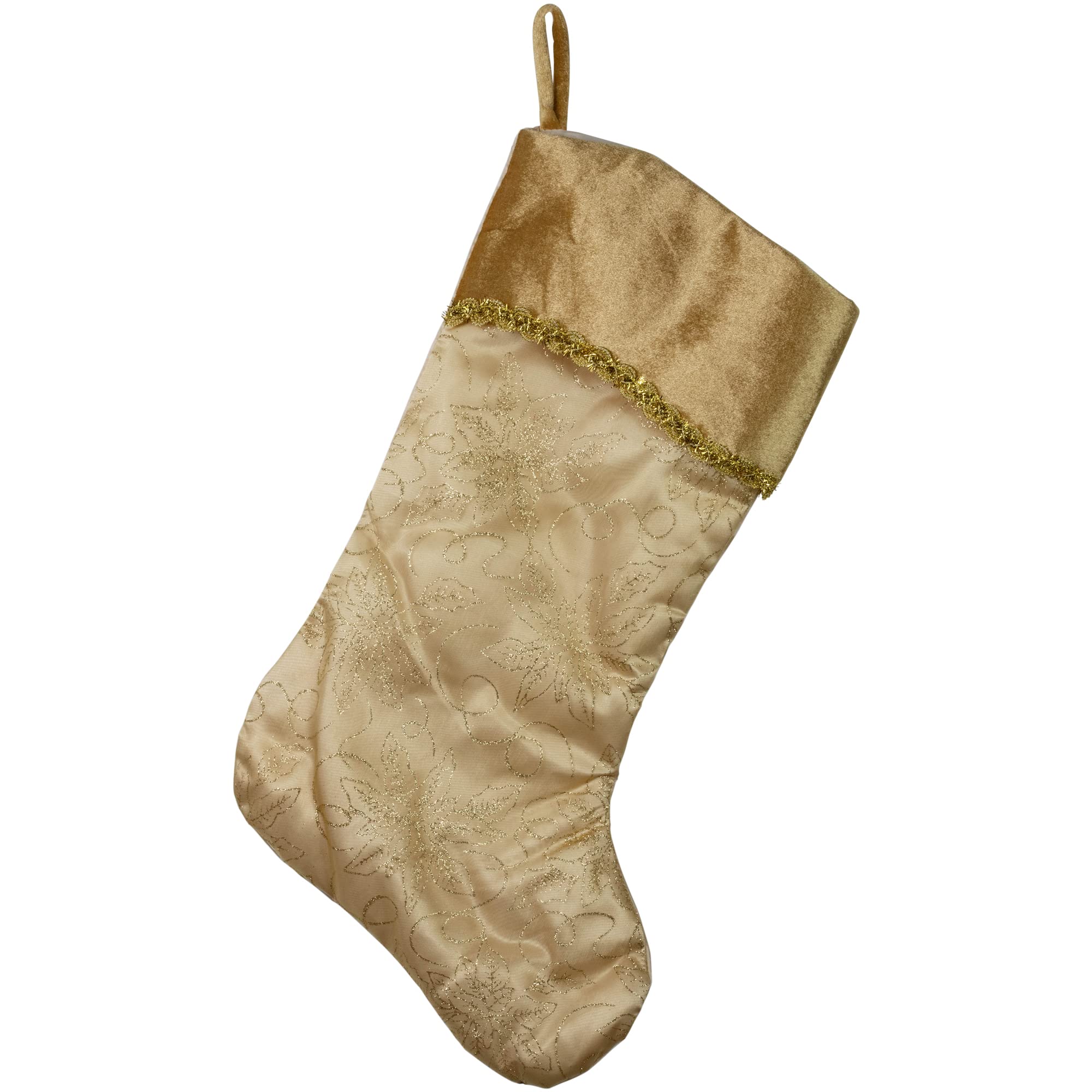 Northlight L35347 20 Gold Glittered Poinsettia Christmas Stocking with Shadow Velveteen Cuff