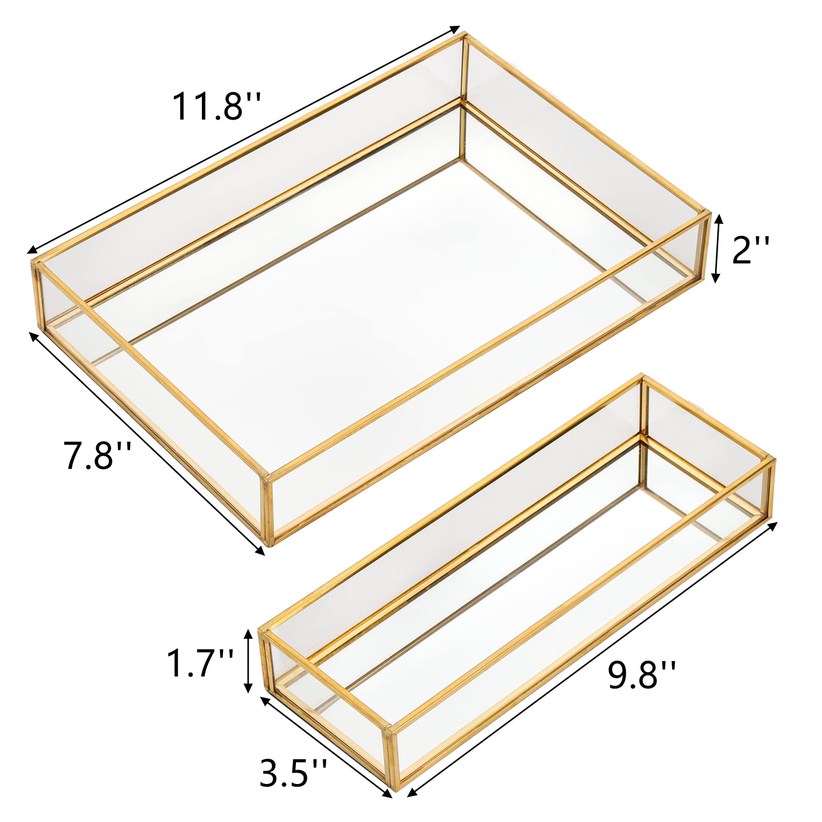 Lyellfe 2 Pack Perfume Trays, Gold Vanity Tray, Decorative Gold Mirror Tray, Non Slip Rectangular Perfume Tray, Jewelry, Bathroo