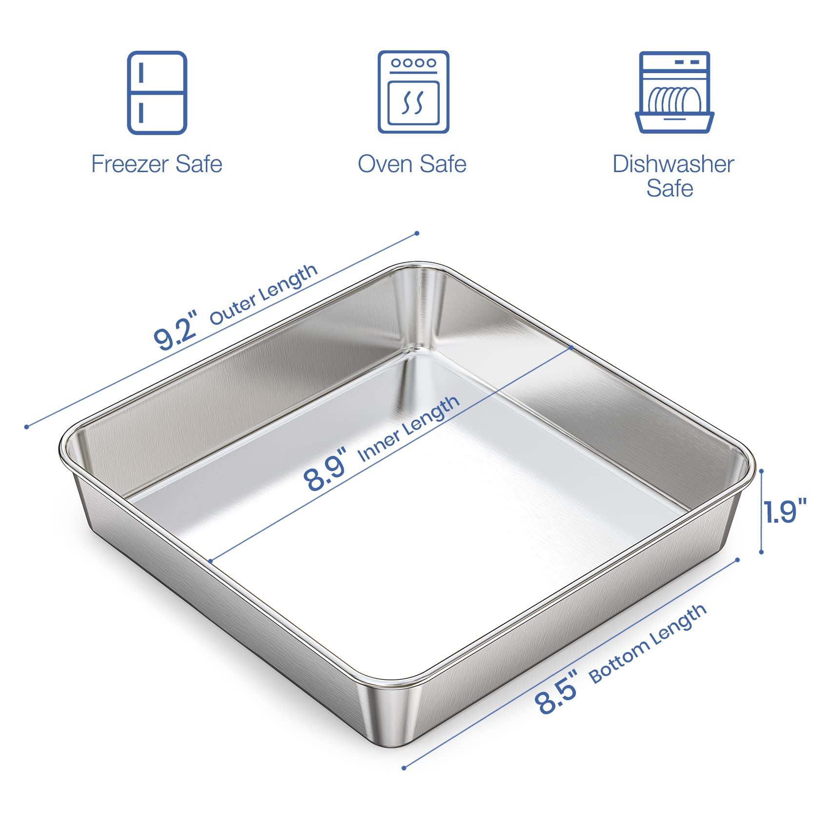 Dobadn 9 Inch Square Cake Pan Set Of 2, Stainless Steel Baking Brownie Pan For Lasagna, Roaster Oven Cookie Sheet Bbq Grilling P