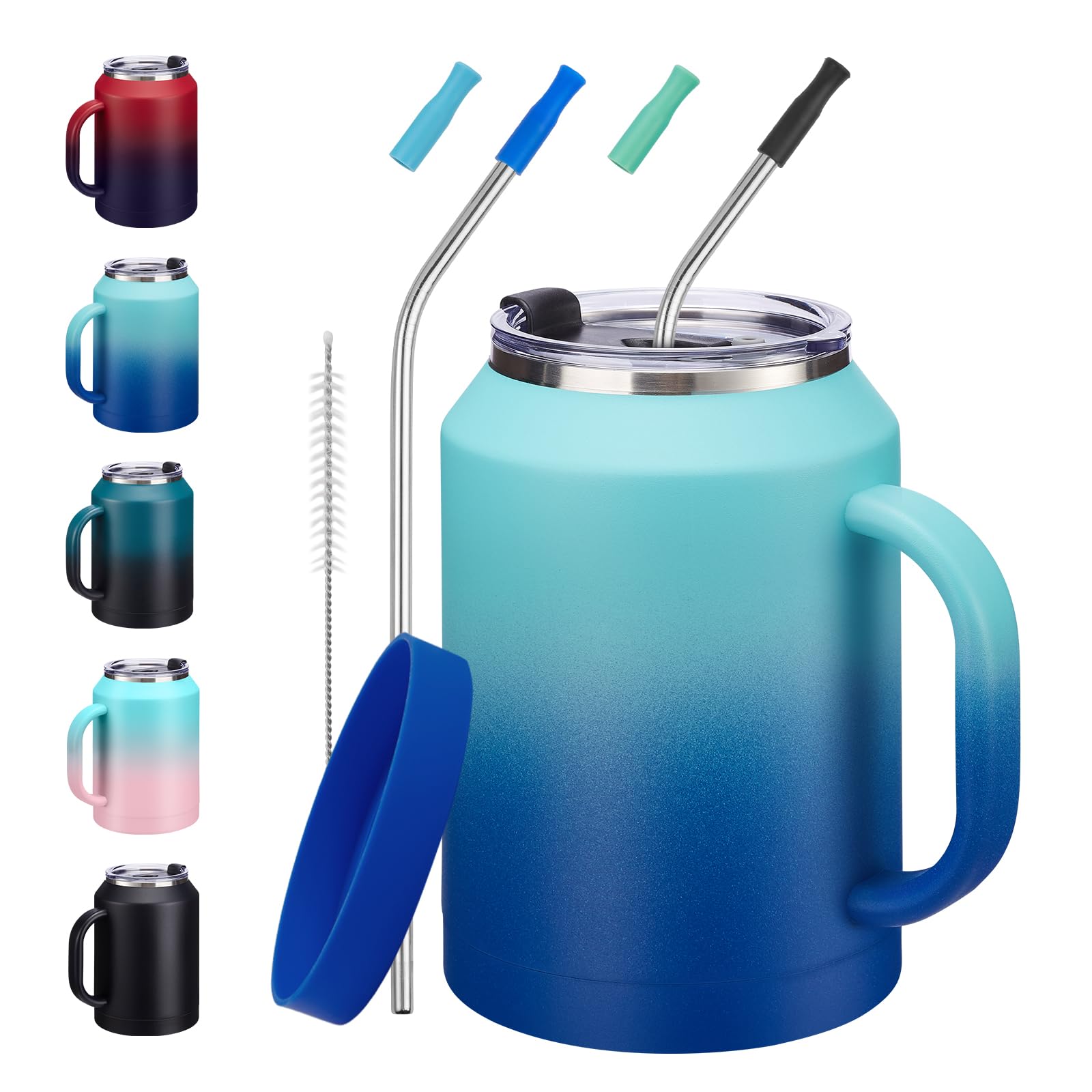 50oz Insulated Mug Tumbler with Handle  Keep Cold36h & Hot24h, Stainless Steel Water Jug 50 oz Coffee Mugs with Straw & Spout