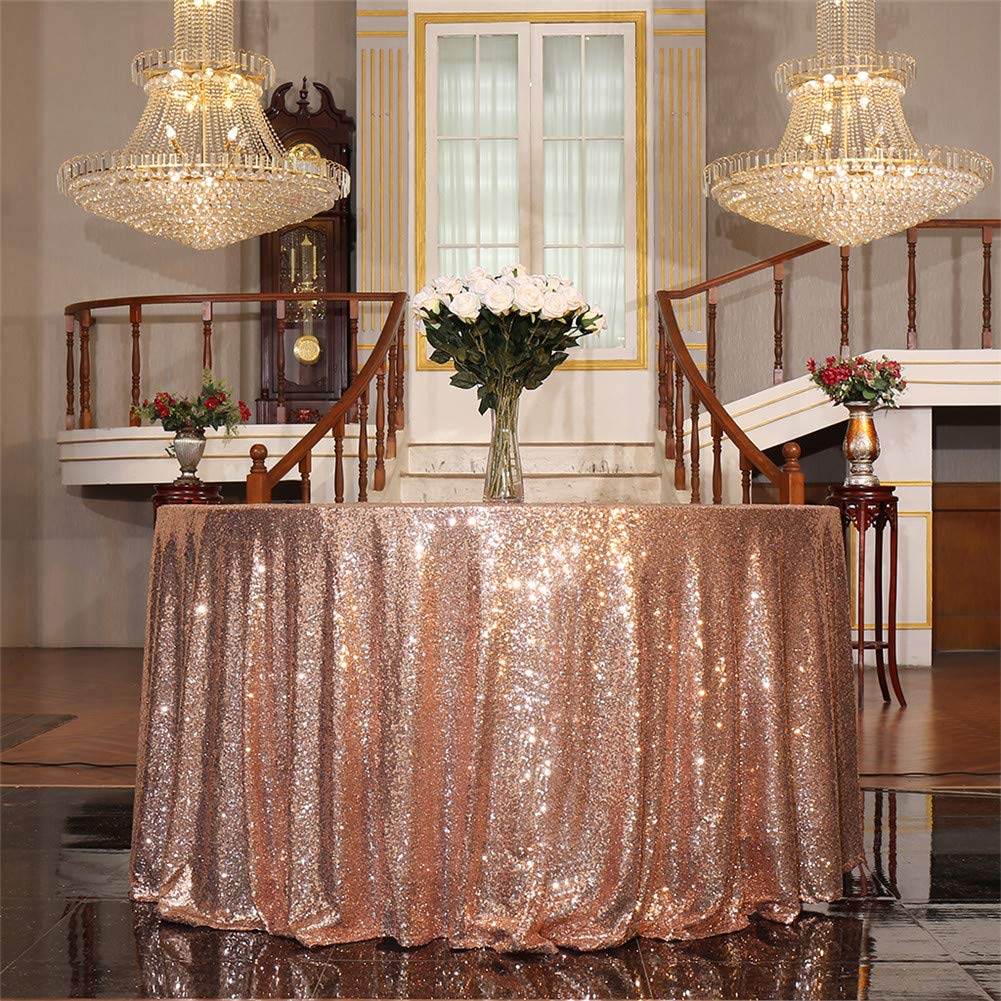 Eternal Beauty Rose Gold Sequin Tablecloth 120-Inch Sparkly Overlay Round Glitter Table Cover for Wedding Party Birthday Decorat