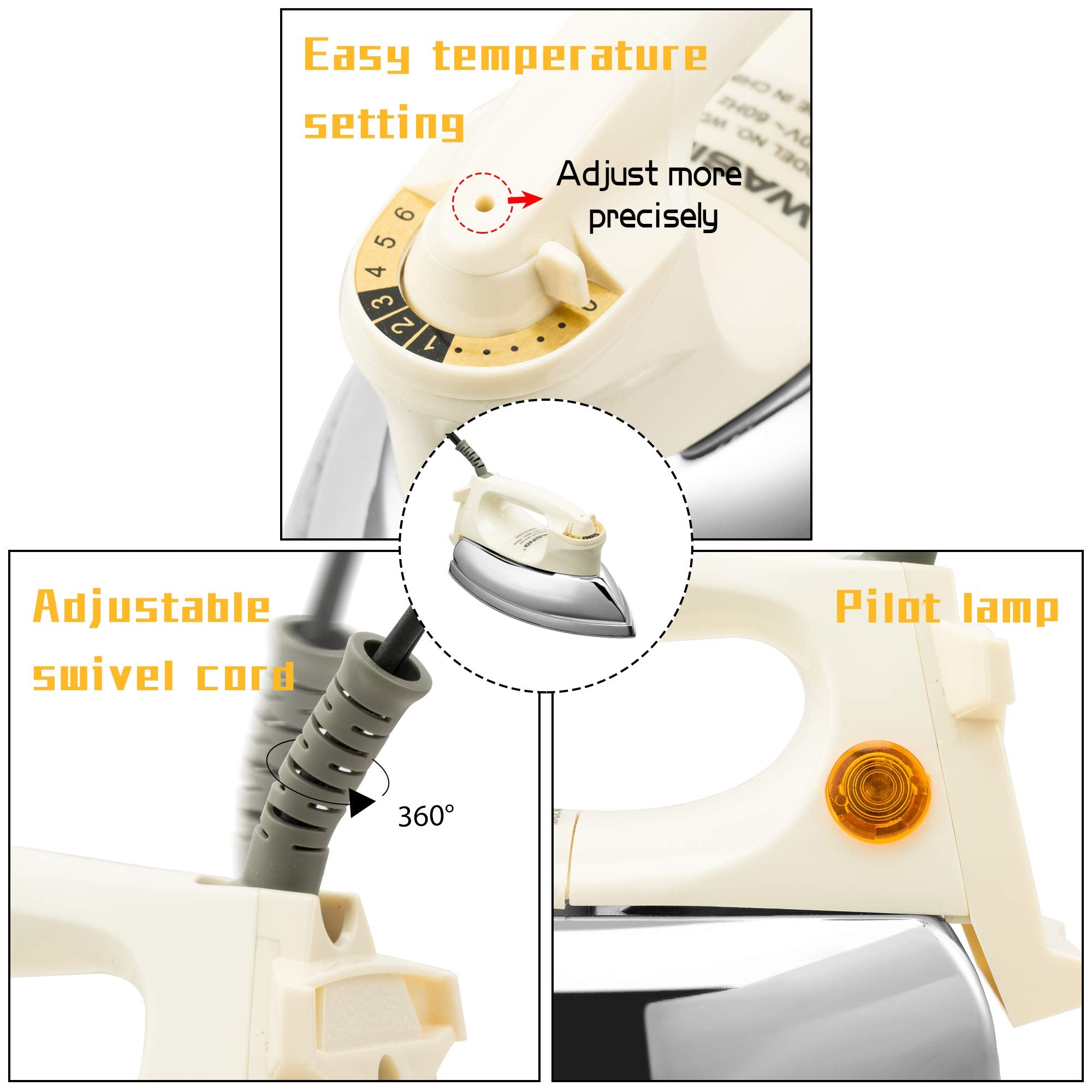 Wasing Lightweight Portable Dry Iron For Industry Household Usage Upgraded Mirror Stainless Steel Soleplate Without Steam 700W G