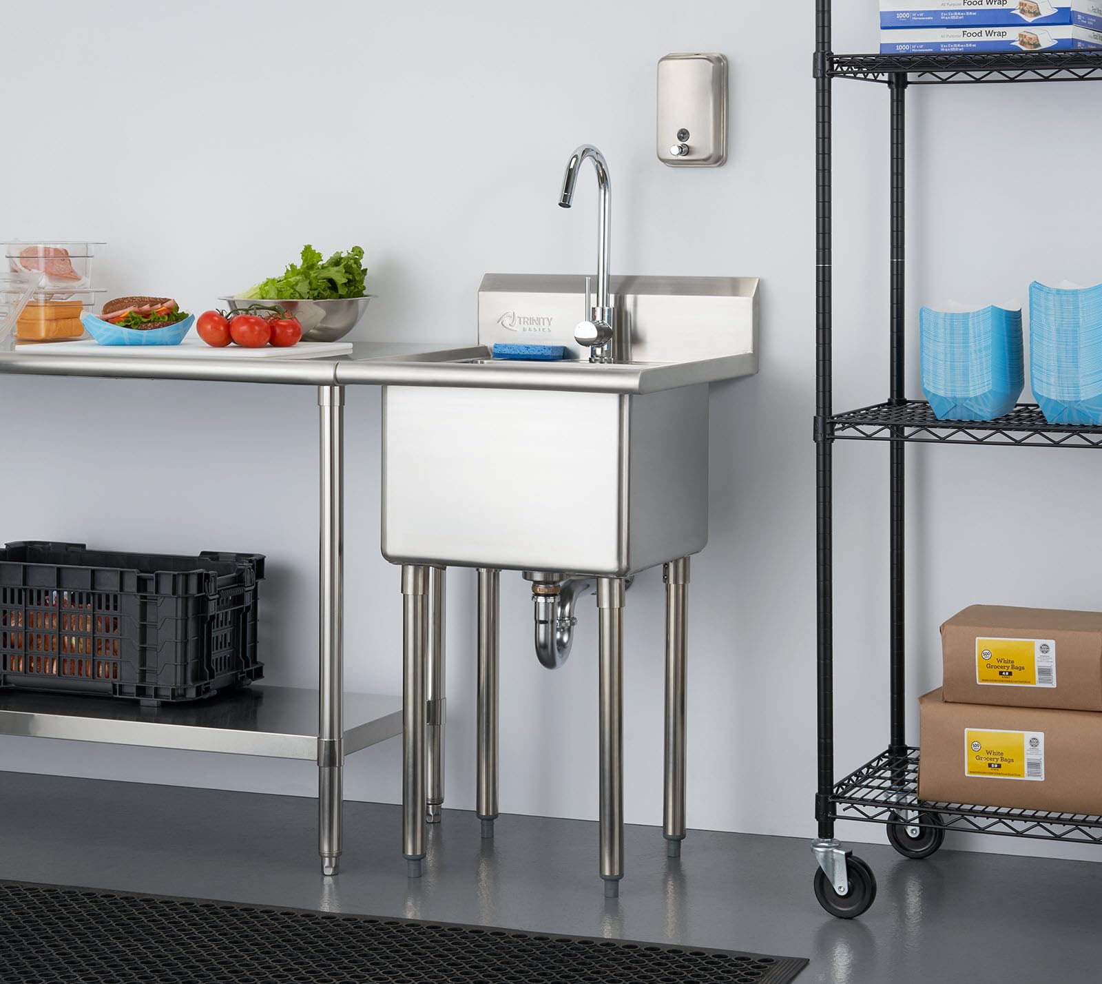 TRINITY THA-0307 Basics Stainless Steel Freestanding Single Bowl Utility Sink for Garage  Laundry Room  and Restaurants  Includes Faucet  NSF Certified  49.2 21.5 24-Inch  Chrome