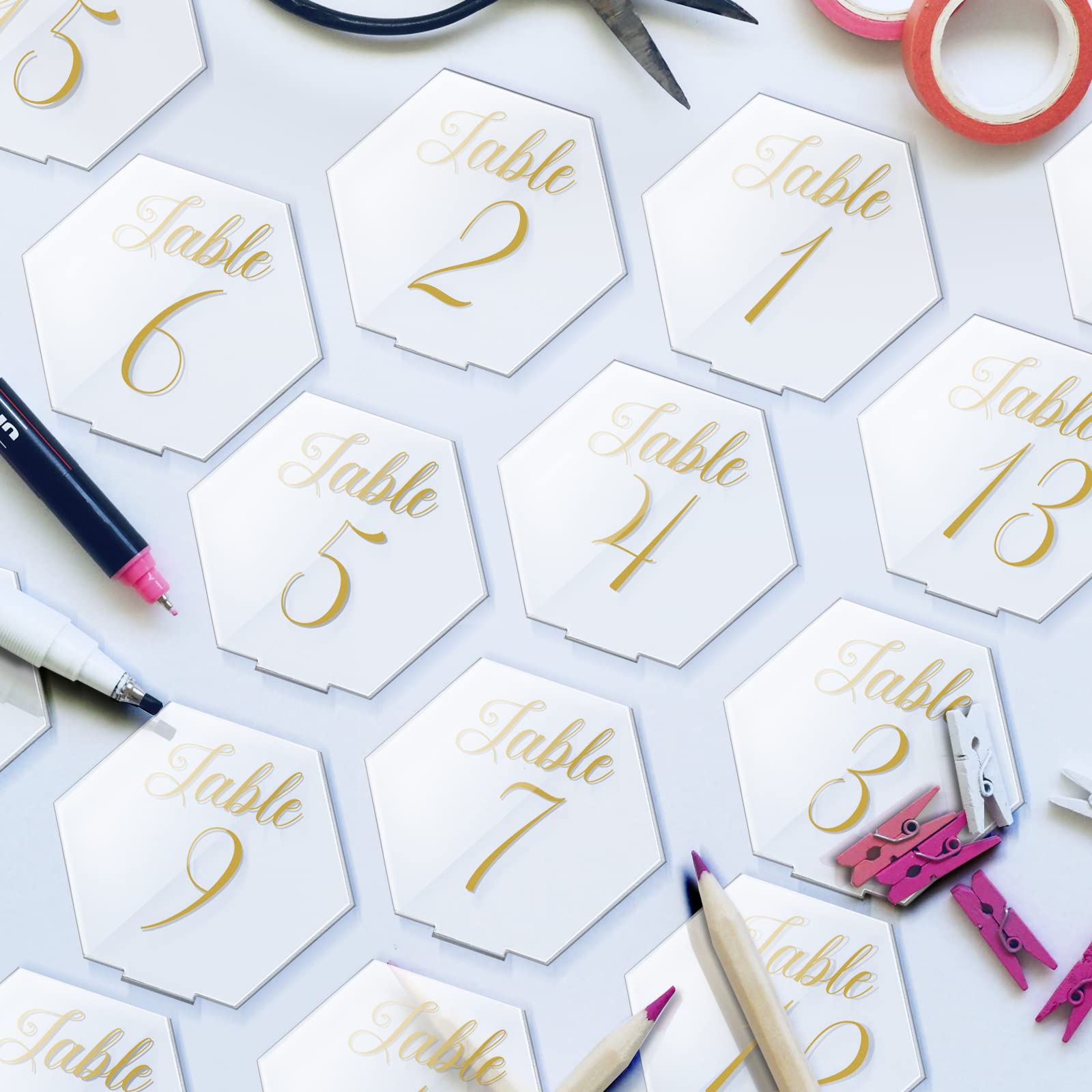 20Pcs Acrylic Wedding Table Numbers Hexagon Printed Clear Acrylic Table Numbers With Stands For Wedding Party Event Catering