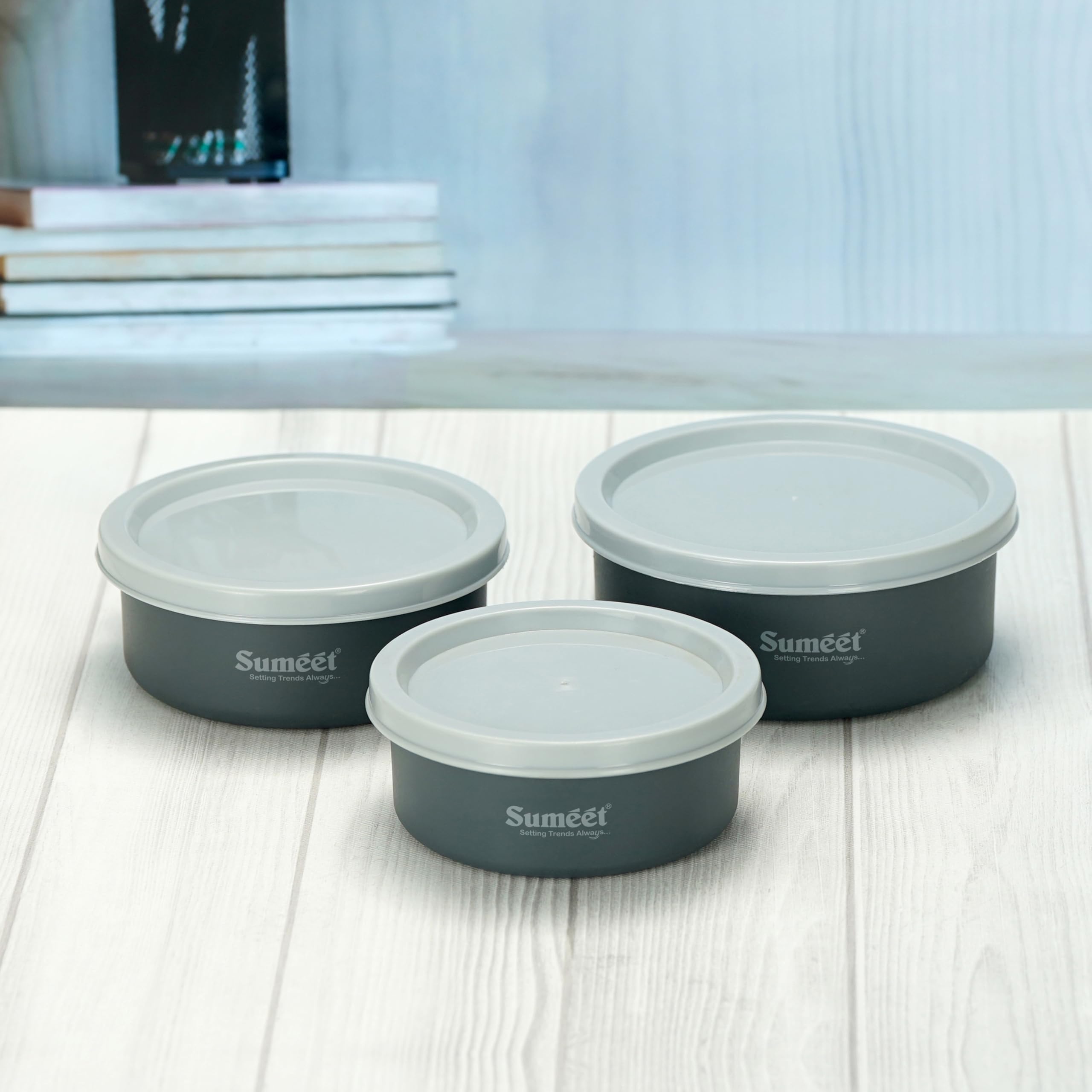 Sumeet Microwave Safe Stainless Steel Air Tight & Leak Proof Lunch Boxes Storage Containers With Lids For Kitchen Office School  240Ml  320Ml  420Ml  Set Of 3  Grey